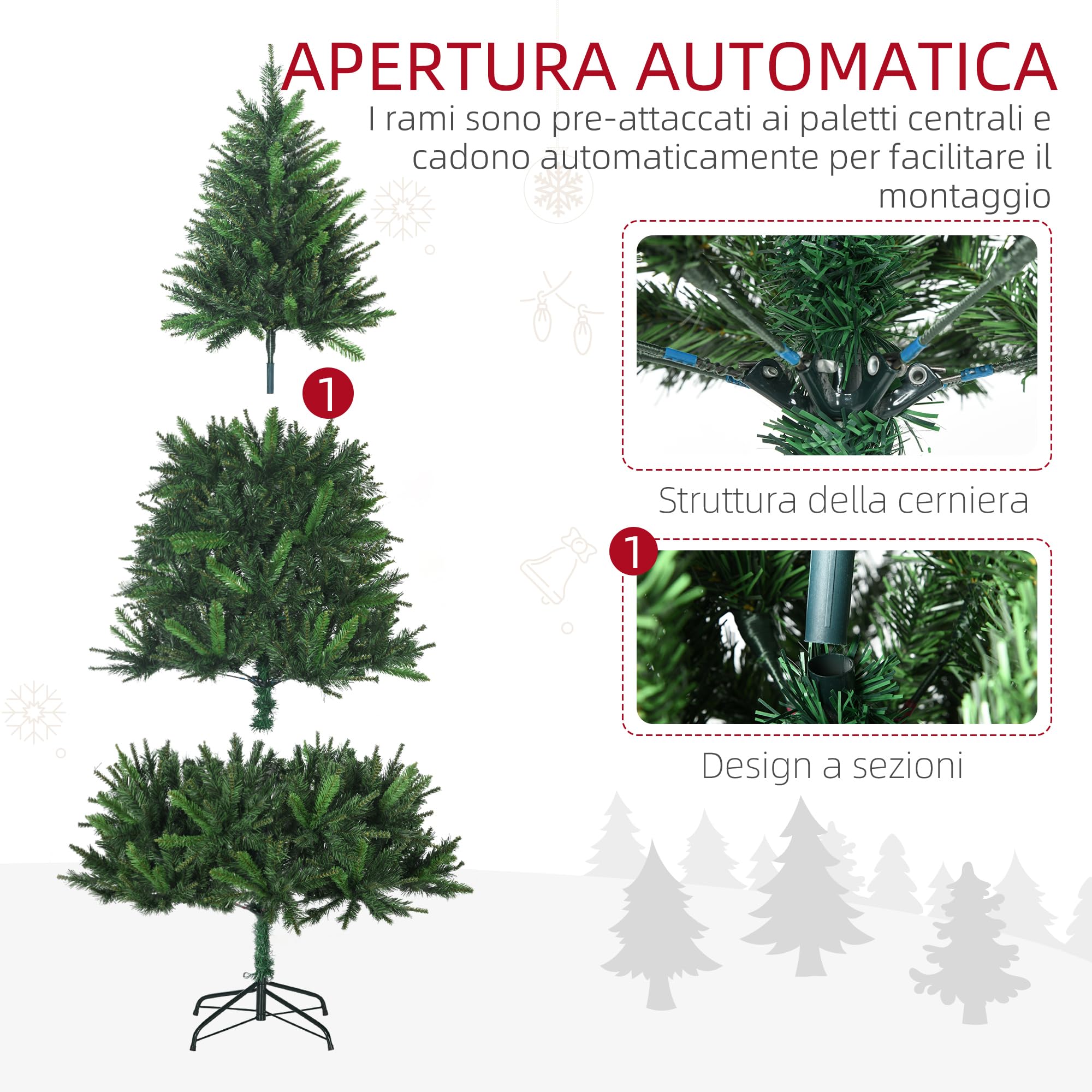 HOMCOM Albero di Natale Artificiale 180cm con 786 Rami Apertura Automatica, Albero di Natale Folto con Base in Metallo Facile da Montare, Verde