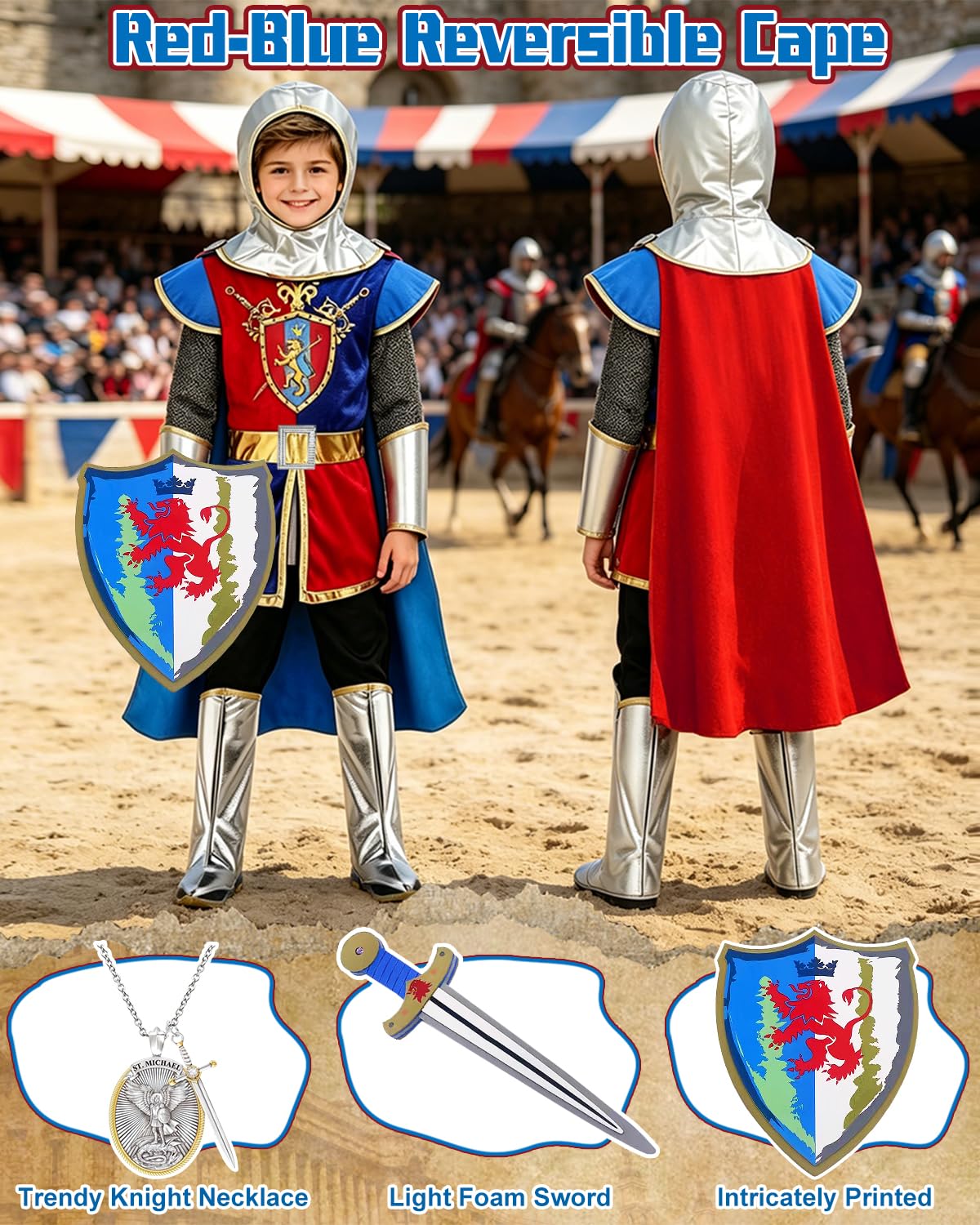 Ritter Kostüm Kinder, mit Ritterhelm, Umhang, Schaumstoff-Schild | Ritter Faschingskostüm, Geschenk für Jungen zu Halloween, Karneval, Cosplay und Partys