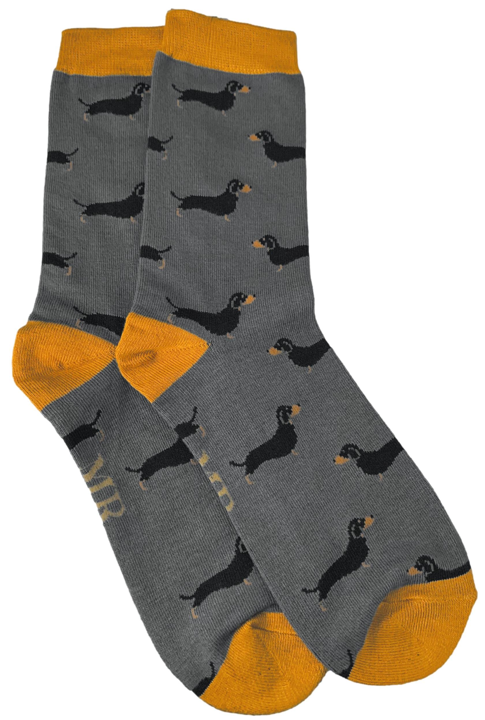 Purple Possum® Mens Socks Novelty Dachshund Dogs Grey Fun Bamboo Cotton Blend UK Sausage Dog Shoe Size 8-12 Gift Idea