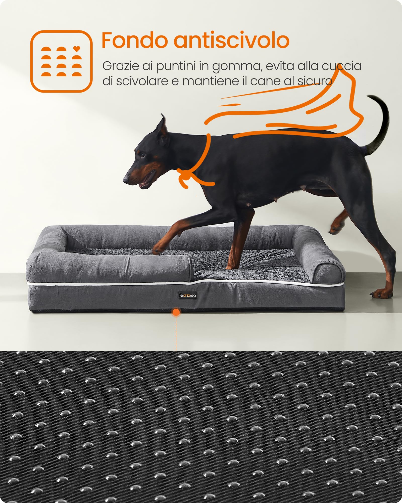 Feandrea Cuccia per Cani Ortopedica, Letto Divano per Animali, Imbottitura Morbida, Bordi Rialzati, Copertura Sfoderabile e Lavabile, 120 x 85 x 18 cm, Fondo Antiscivolo, Grigio Scuro PGW078G01