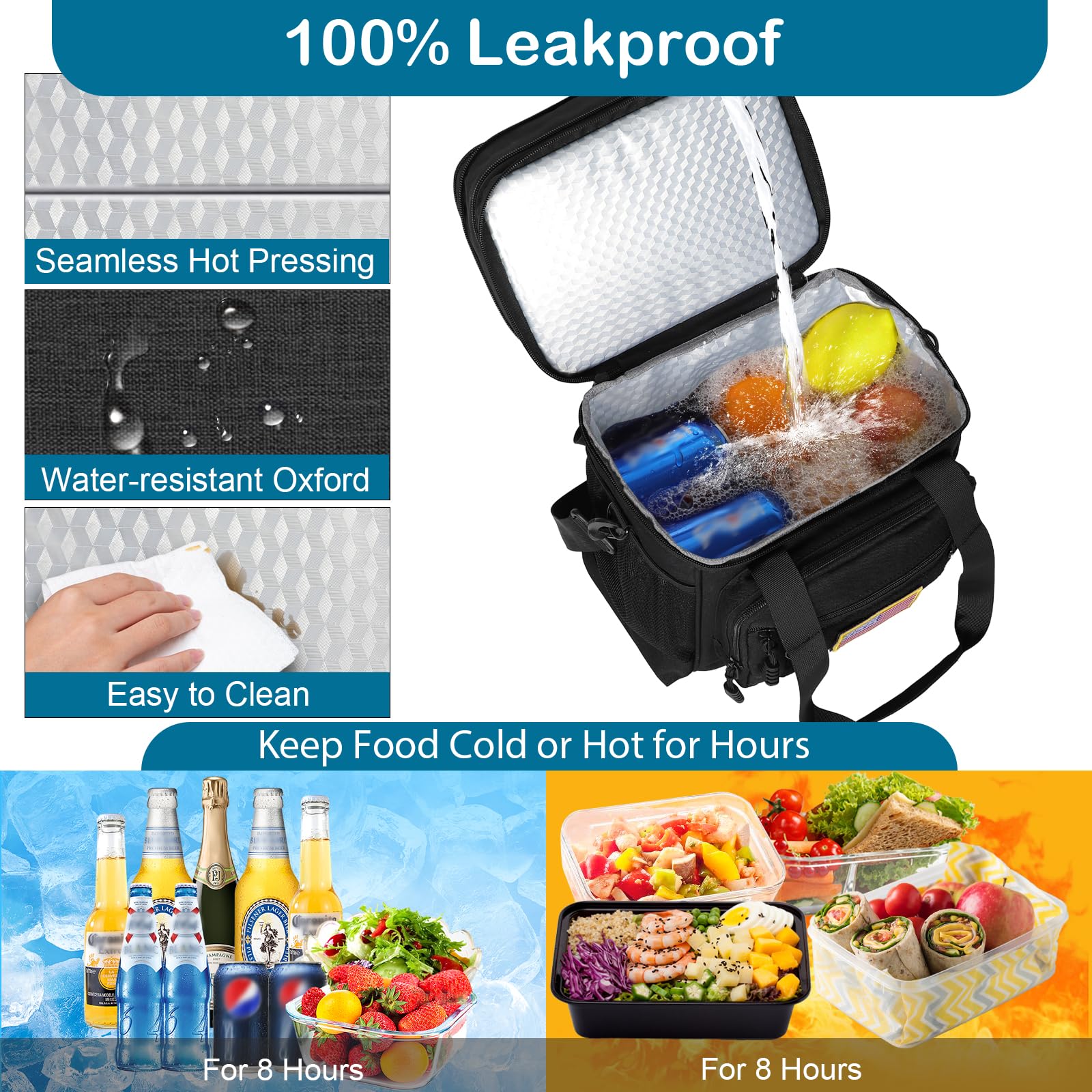 Lonchera aislada de doble cubierta, bolsa de almuerzo grande expandible a prueba de fugas, bolsa de almuerzo para hombres, mujeres y adultos, turnos de trabajo, viajes, viaje de día, color negro 5