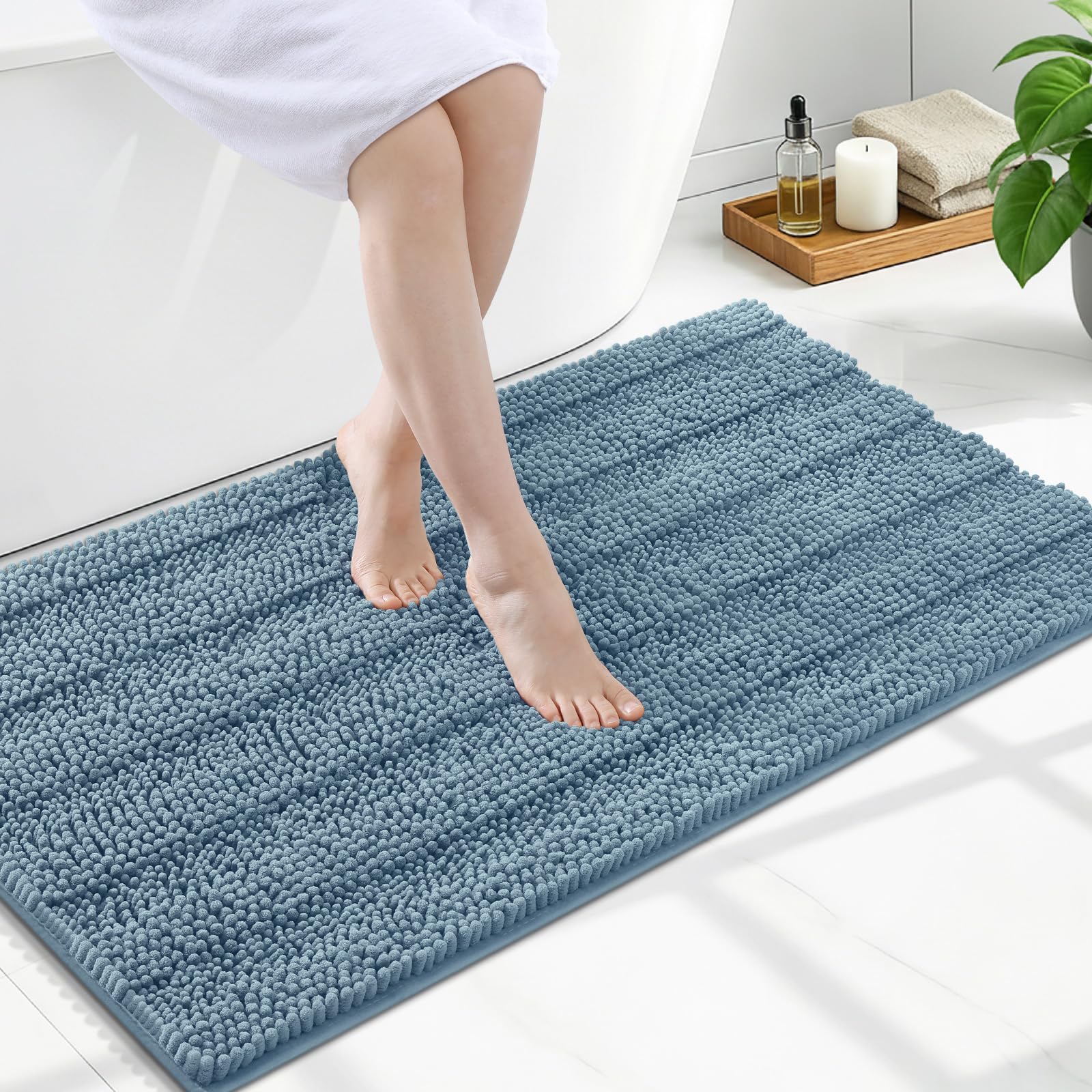 Grandaily Chenille Bathroom Rugs 47x24, Soft Absorbent Bath Mats, Airy Blue