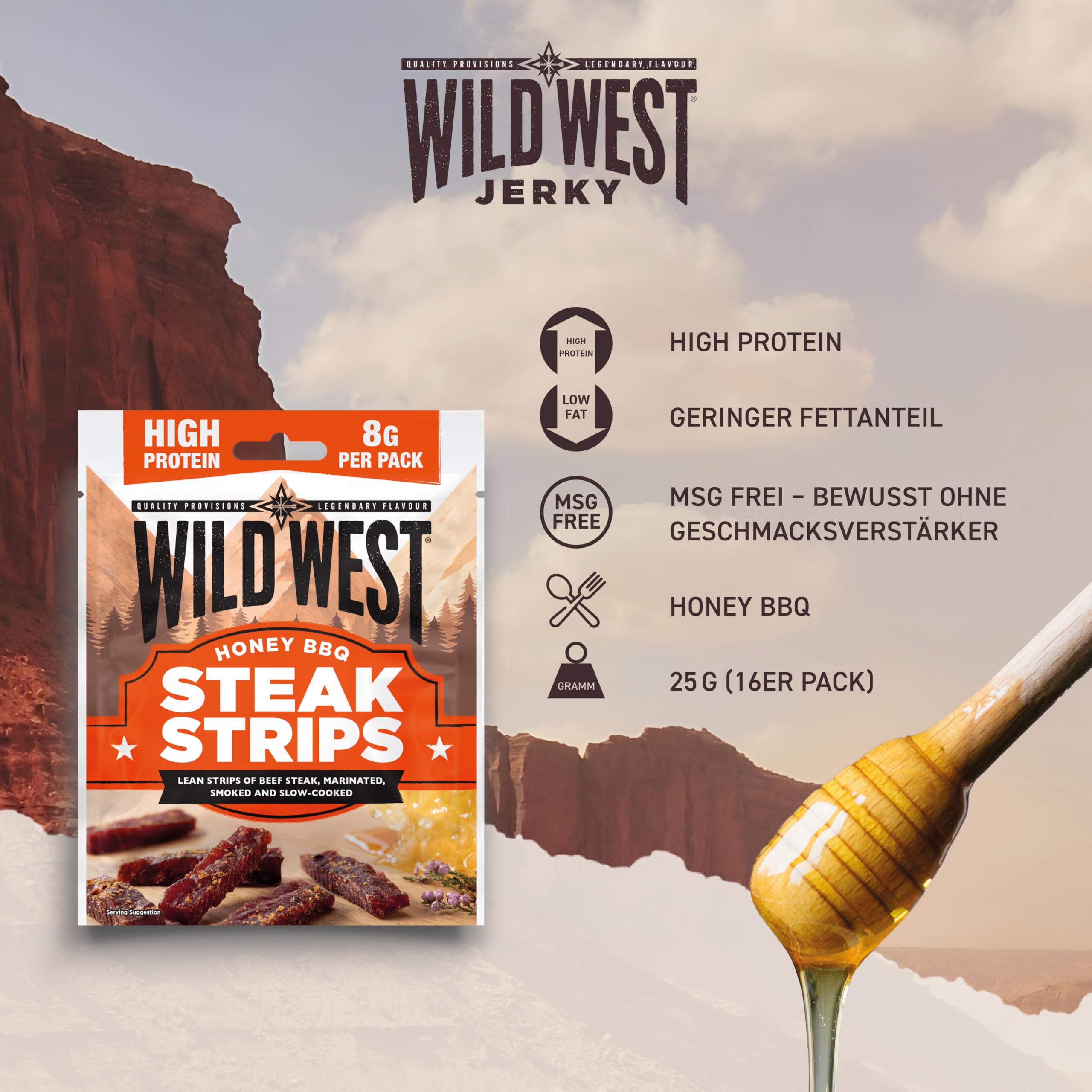 Wild West Steak Strips, 16 x 25g Honey BBQ Rindfleisch, Beef Jerky high Protein Trockenfleisch, Protein Snack