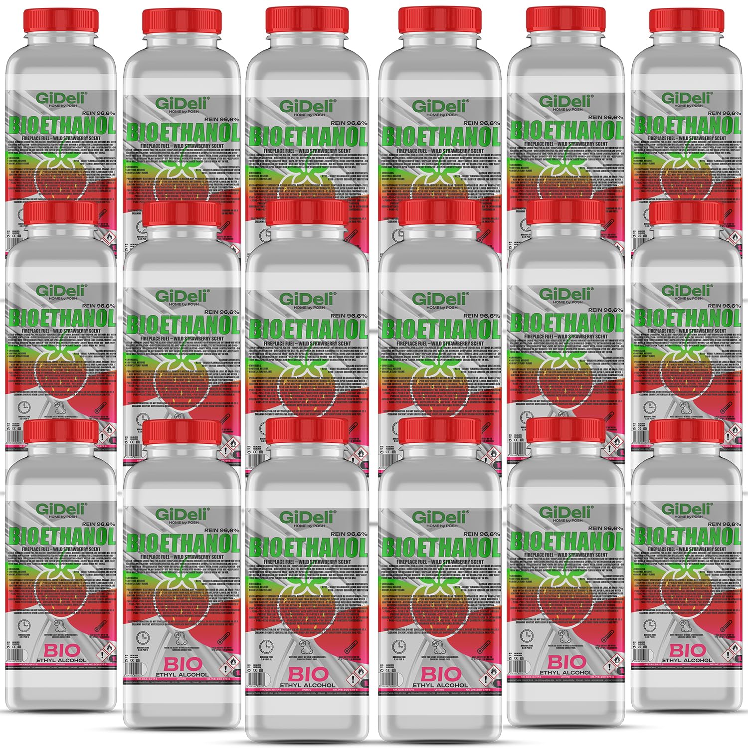 GiDeli bioetanolo 18 x 1 l profumo di fragola forestale 96,6% etanolo per camini interni ed esterni, senza fumo e fuliggine – da mais e barbabietola da zucchero