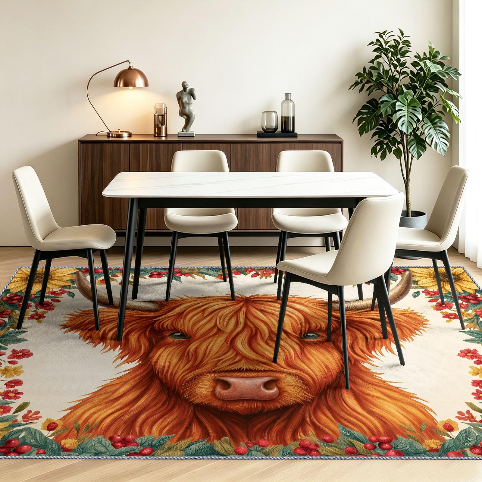 Tapis pour Chambre Animal Champêtre 120 x 180 cm, Tapis Antidérapant Vache Highlands Tournesol Baies Modèle, Poils Courts Doux Lavable Moquette Décoration pour Salon Chambre Cuisine et Couloir
