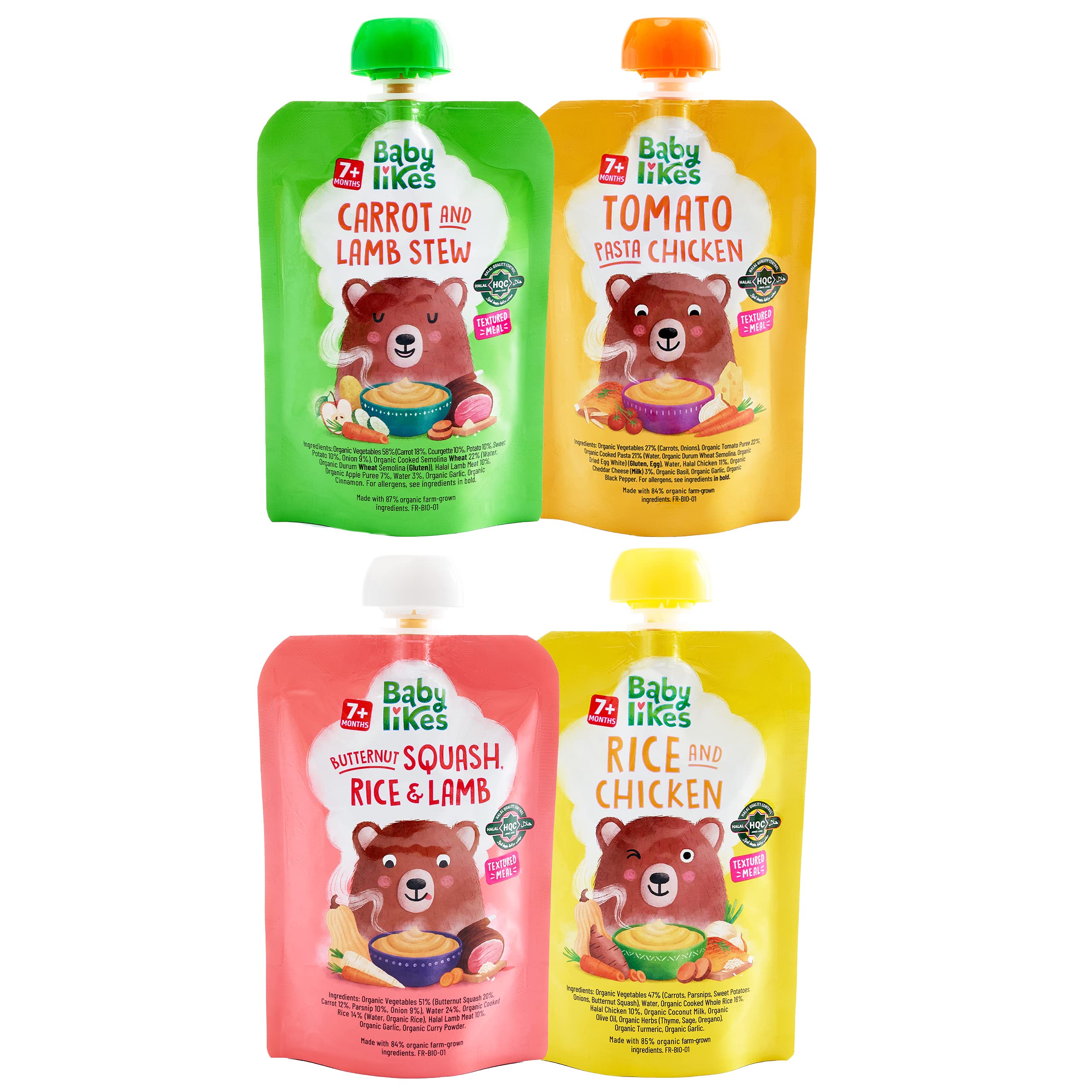 Halal Organic Baby Meals Variety Pack (4 x 130g) l Halal Meat & Organic Fruits and Vegetable Baby Food Puree Pouches for Stage 2 Weaning l With Herbs & Spices l 7 months +