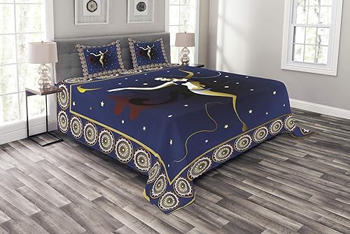 Lunarable Edredón étnico, bailarina de vientre turca en místico, patrón arábigo, diseño de lunas, estampado artístico, funda acolchada decorativa