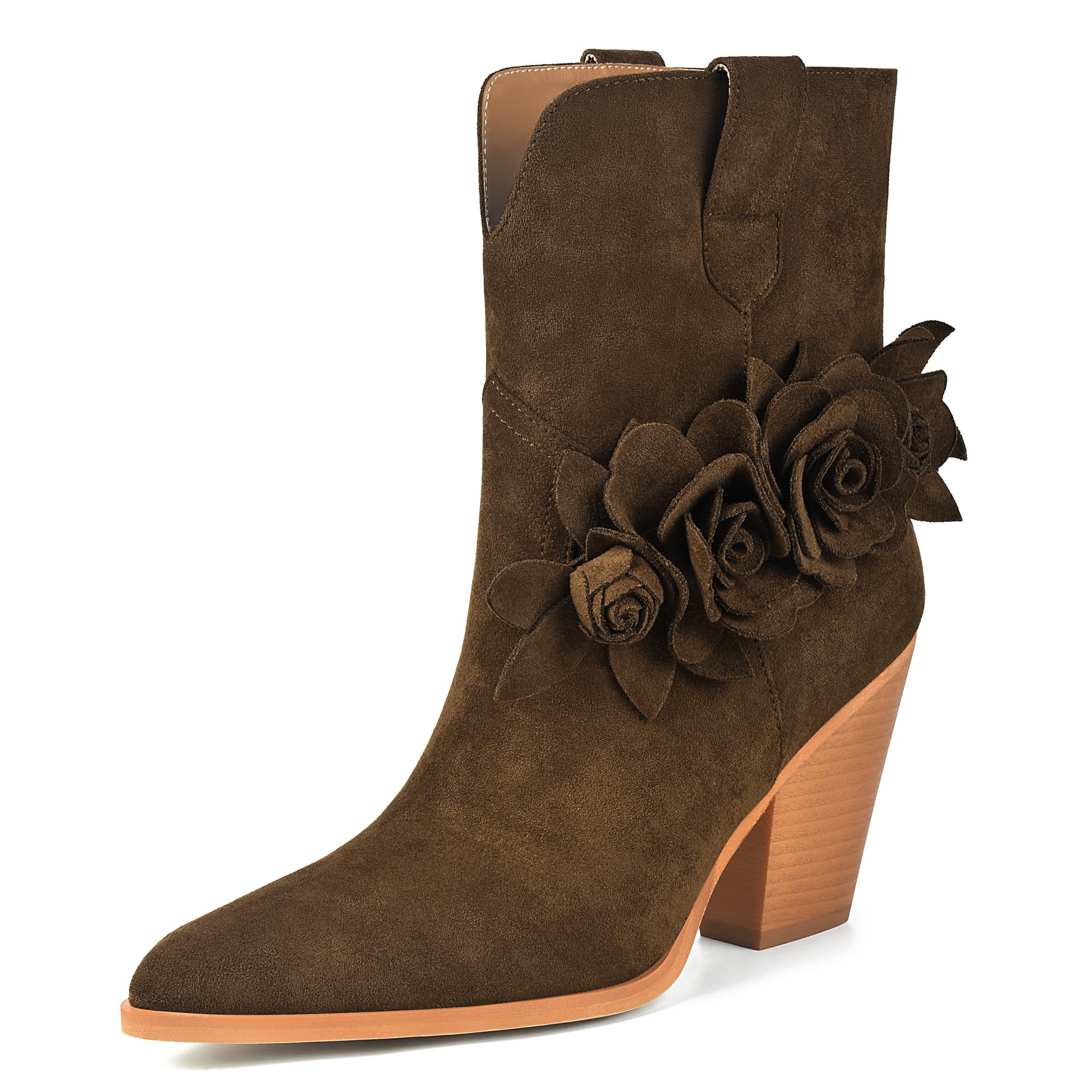 XINIUNIU Womens Flower Ankle Boots Pointed Toe Pull On 3 5 Inch Chunky Block Heel Suede Fashion Dress