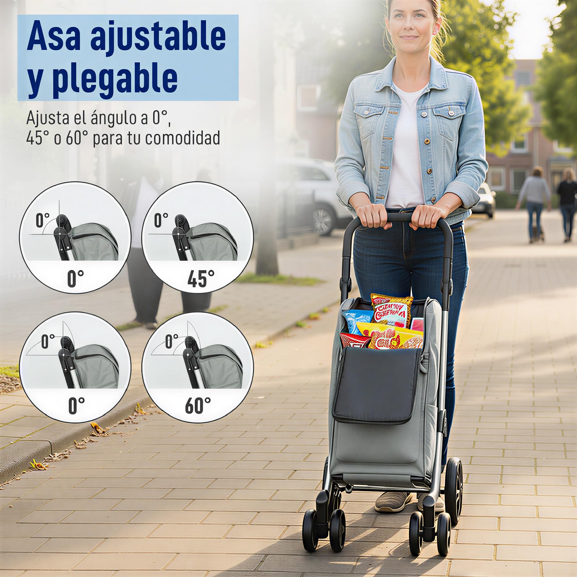HOMCOM Carrito de Compra de 46L de Aluminio con Bolsa Térmica 3 en 1 Gris | Carro de la Compra, 6 Ruedas, Asa Regulable, para Supermercado, Plegable