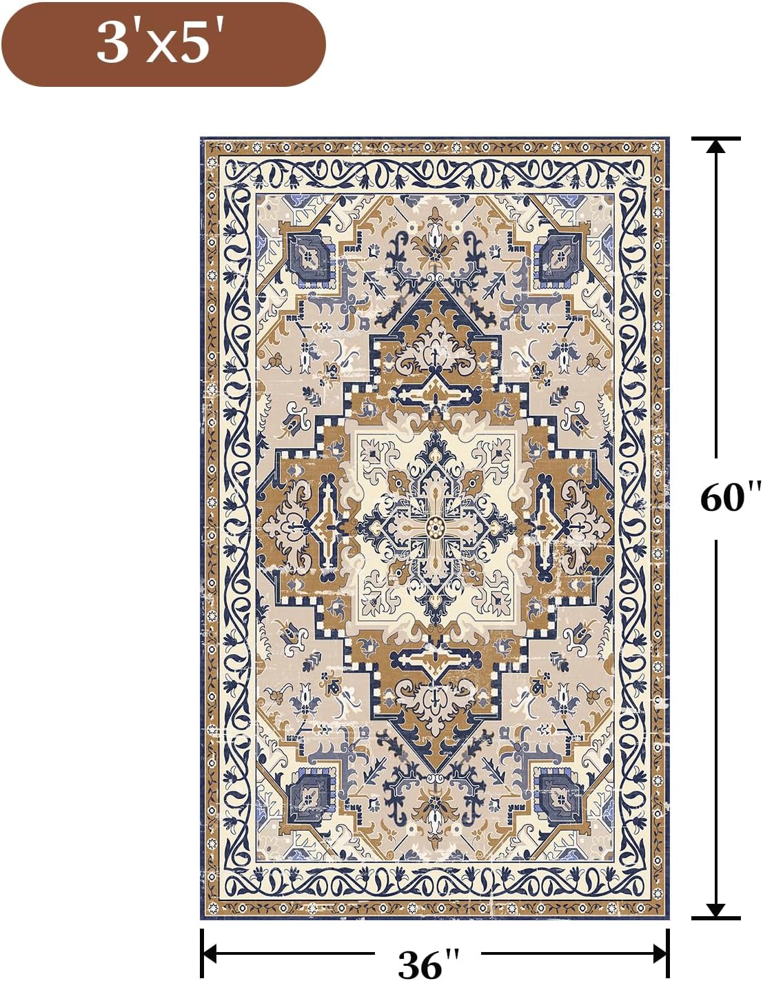 Rugflix 3x5 Area Rug for Living Room, Machine Washable Area Rugs with Non-Slip Backing, Large Soft Boho Vintage Rug for Bedroom, Dining Room, Low Pile Carpet, Kids Pet Friendly, Brown Beige