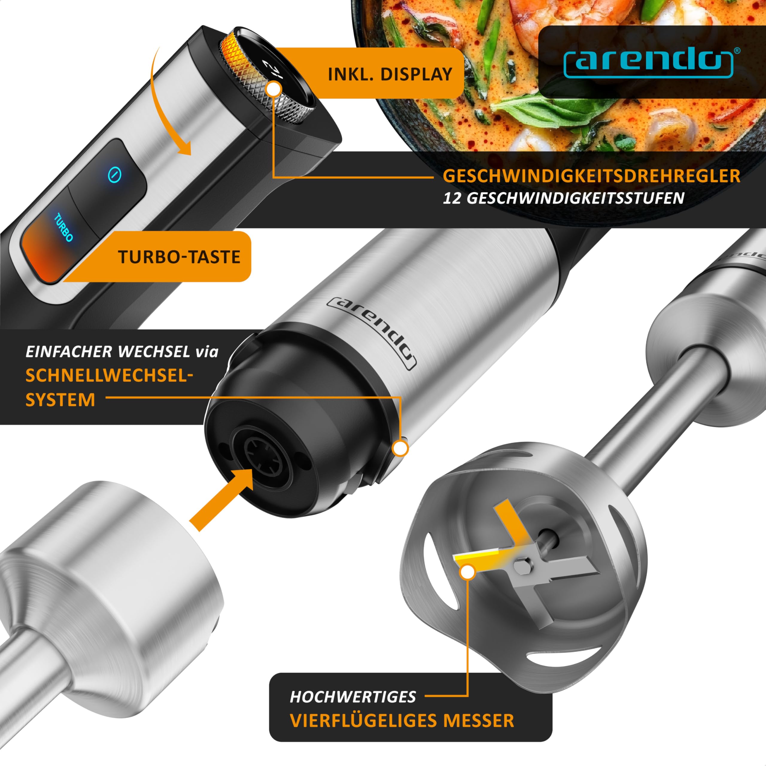 Arendo - Edelstahl Stabmixer 1500 Watt – Standmixer mit Trinkflasche Deckel und Messereinheit - Handmixer - Pürierstab - 12 Geschwindigkeitsstufen - Turbotaste – Smoothie Maker