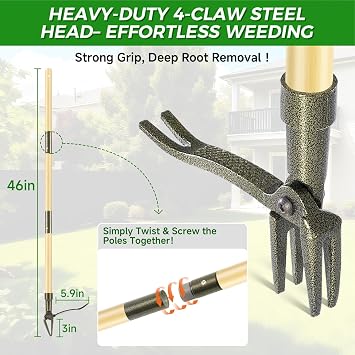 Weed Puller Tool, Stand Up Heavy Duty Weed Remover Tool with Long Handle 4-Claw Steel Head Weeder for Dandelions, Bamboo Garden Hand Weeding Tool, No Kneeling for Easy Root Removal
