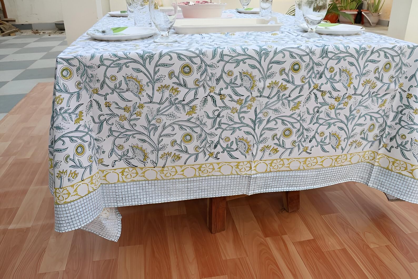 INDACORIFY Nappe à imprimé Floral Indien, Bloc à Main en Coton imprimé, Couverture de Table en Coton, Nappe rectangulaire, Cadeaux de Mariage