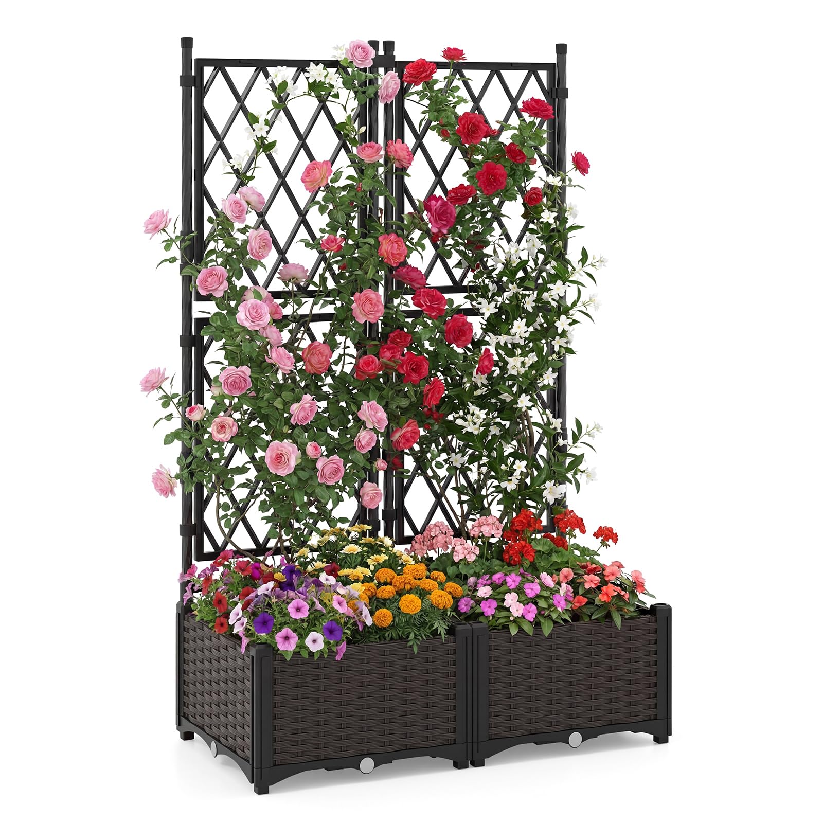 COSTWAY Garden Planter with Trellis, Weather-Resistant Trough Grow Box with Self-Watering Device and Drainage Holes, Indoor Outdoor Raised Garden Bed for Climbing Vine Plant (80 x 40 x 126 cm)