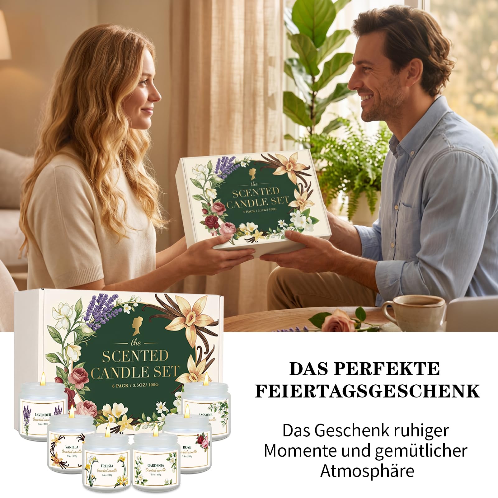 6er-Pack Duftkerzen für Frauen – Lavendel, Vanille, Gardenie, Rose, Jasmin, Freesie (blumige Düfte), 21 oz Kerzen aus natürlichem Sojawachs zur Entspannung und als Geburtstagsgeschenk für Frauen