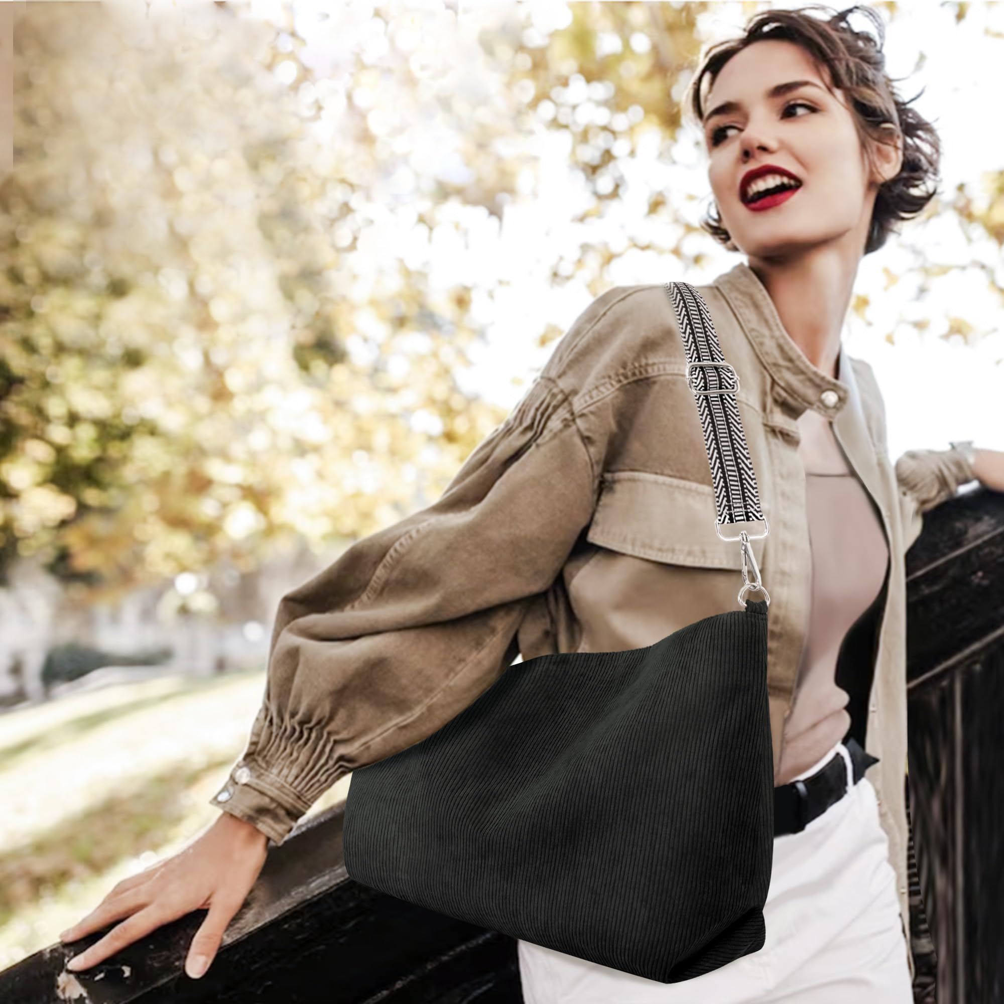 Prite Sac à Main Femme en Velours Côtelé avec Bandoulière Ajustable | Sac Épaule, Cabas, Sac Bandoulière, Grande Capacité, Multi-Poches, Léger, Doux, Lavable, Travail, Shopping, Voyage