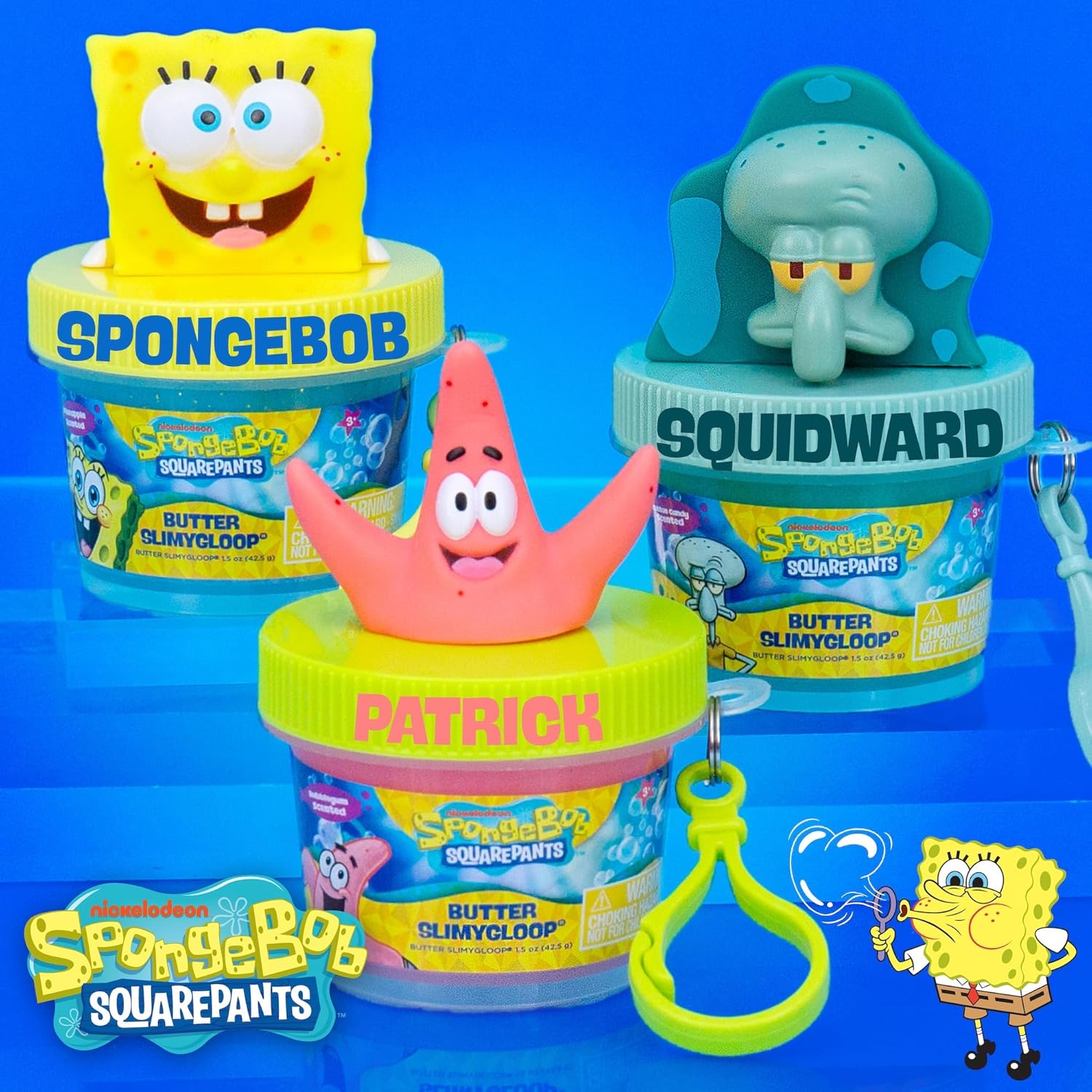 Spongebob Squarepants Mini Butter SLIMYGLOOP Bundle Pack, Includes 3 Scented Butter Slime Keychains – Cotton Candy, Bubblegum, Pineapple
