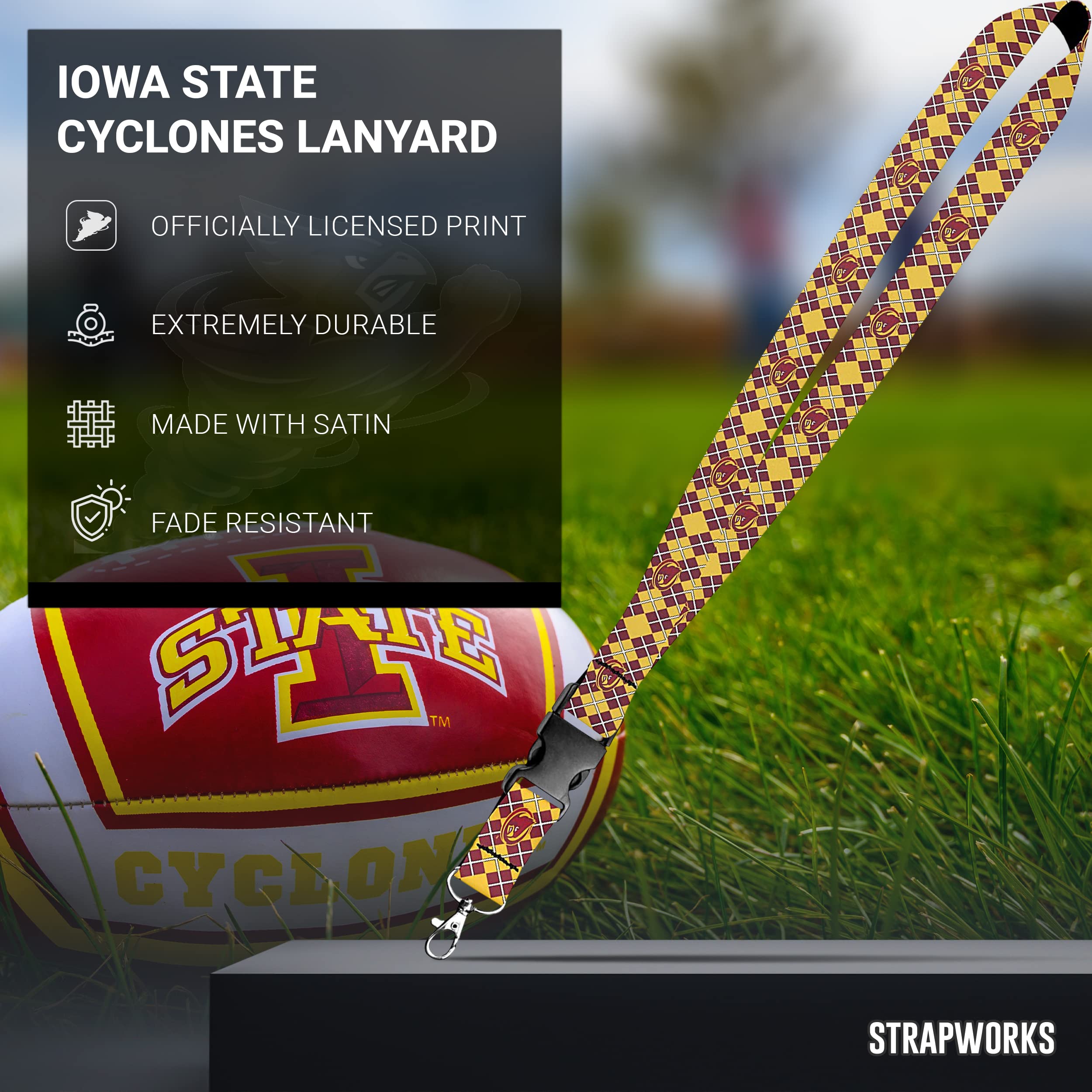 Smycz Iowa State Cyclones – satynowy brelok do kluczy, Iowa State ID Plakietka – 9 cm, Argyle