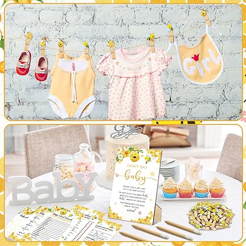 Miniatura 6 de Patelai Juego de 321 piezas con temática de abejas para baby shower para niña, 5 juegos que incluyen 50 tarjetas de actividad, 20 lápices, 1 letrero