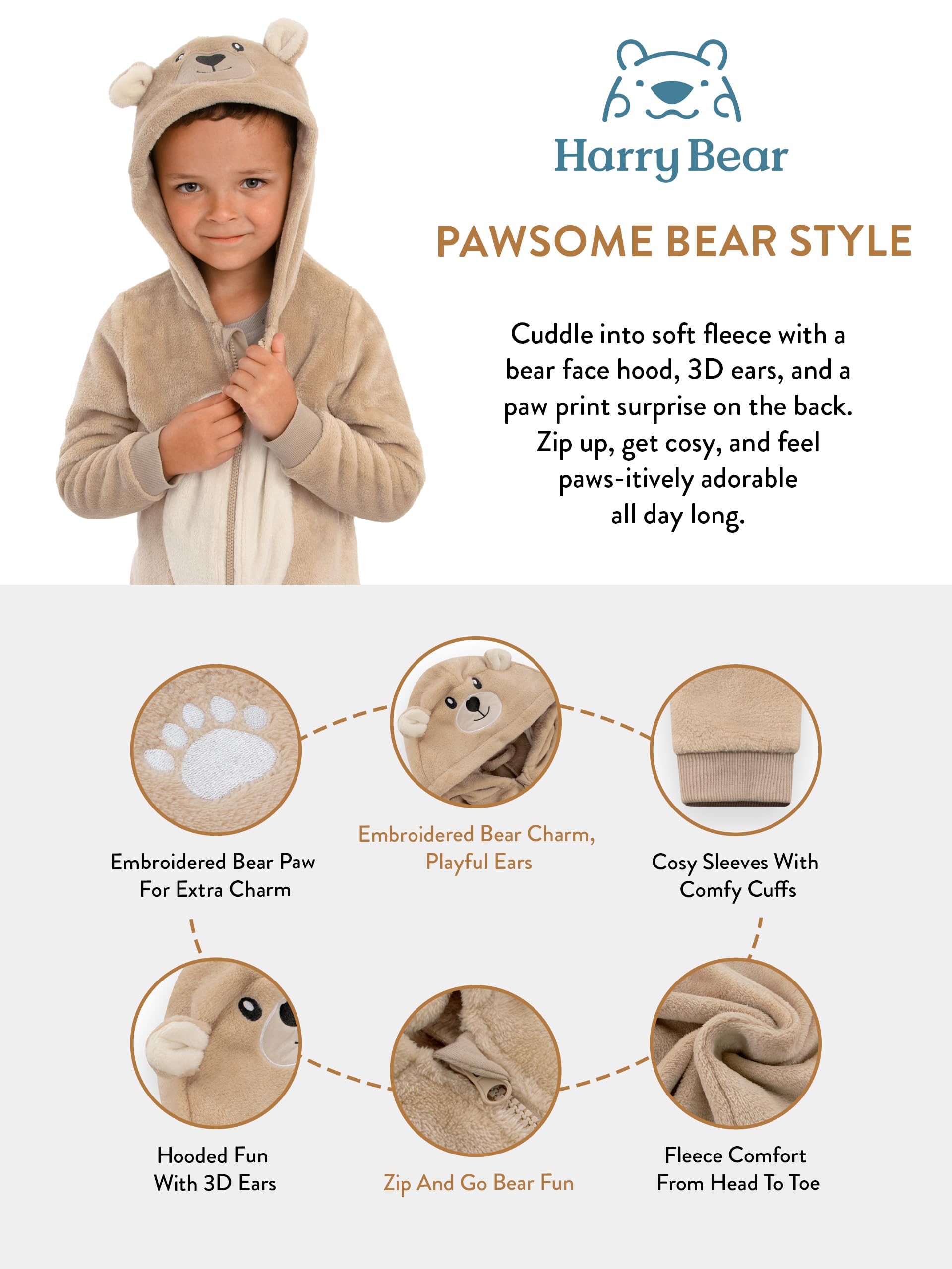 Harry Bear Pijama Enterizo Infantil con Capucha Oso Conejo, Dinosaurio En Forro Polar Suave con Cremallera Pijama Todo En Uno