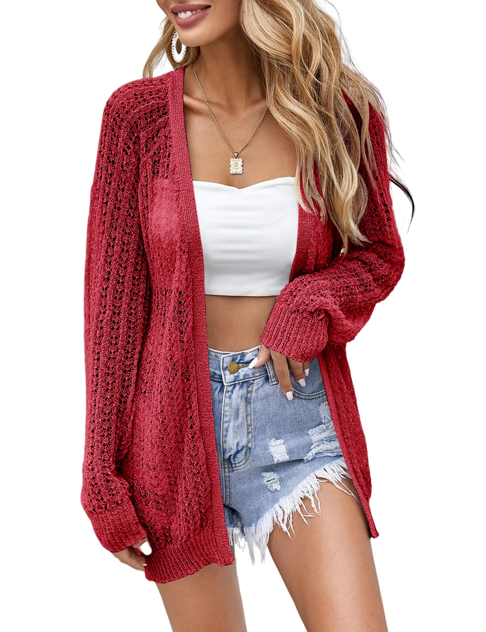 XuBa Damen Strickjacke Sommer Leichte Dünne Häkeln Langarm Strand Strickjacke Cover Up