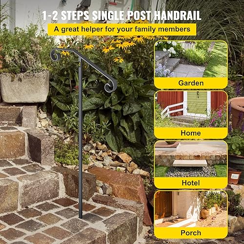 Miniatura 2 de VEVOR Pasamanos de un solo poste de hierro forjado, soportes de agarre en el suelo, poste largo para riel de agarre de 1 o 2 escalones, barandilla