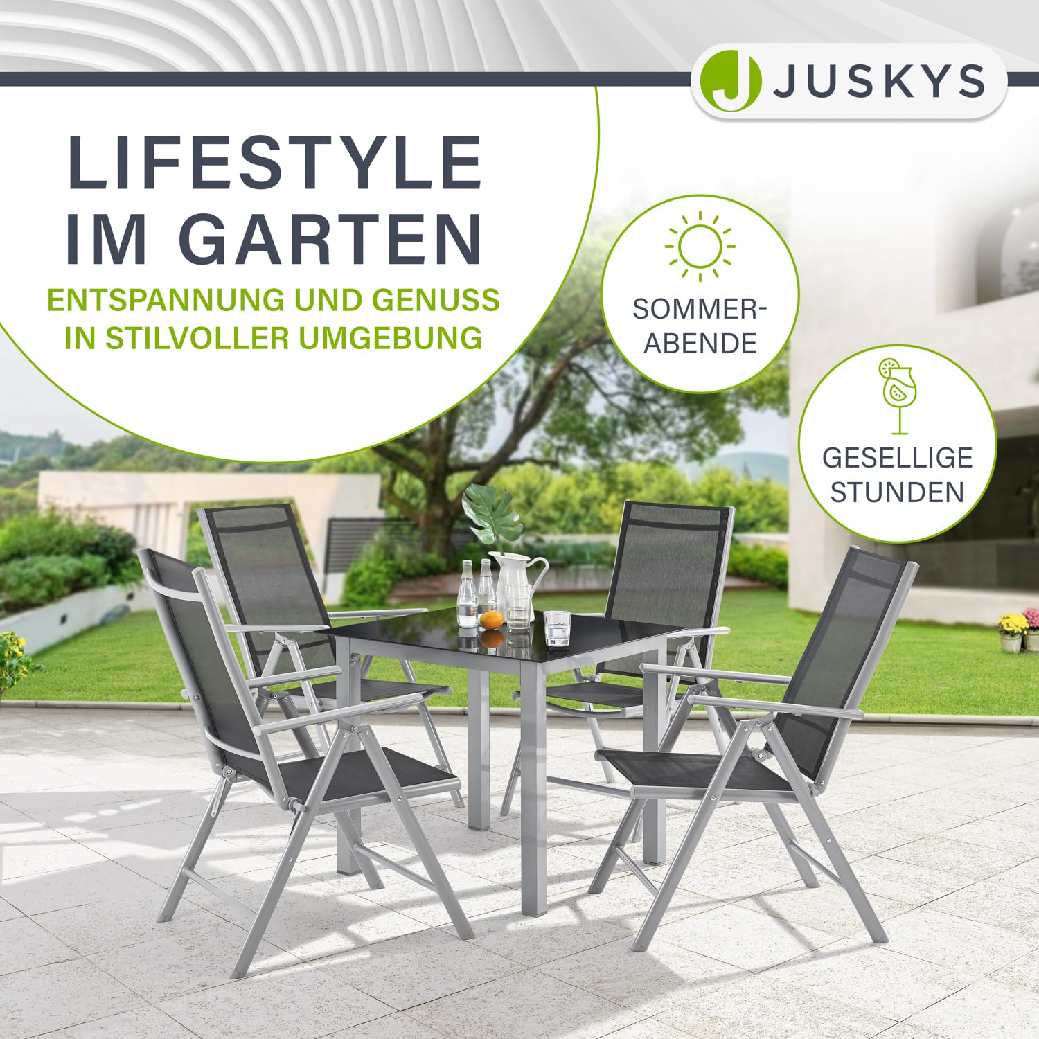 Juskys Gartengarnitur Milano 7-teilig – Gartenmöbel Set mit Tisch & 6 Hochlehner Stühlen, verstellbar & klappbar, wetterfeste Sitzgarnitur aus Aluminium – Grau