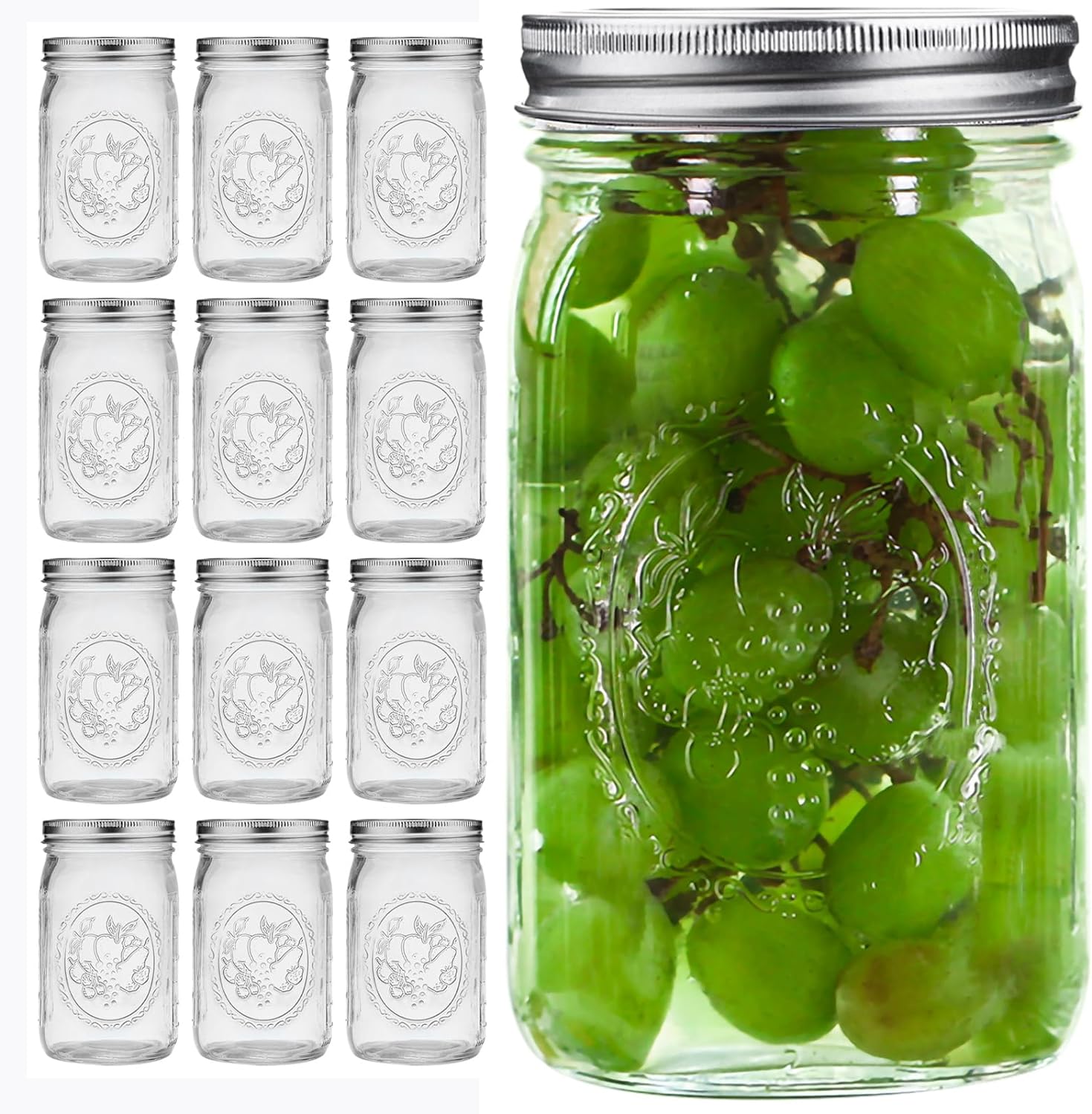 eleganttime Wide Mouth Mason Jars 32 oz with Lids and Bands Set of 12 Jars,Quart Large Glass Mason Jars with Airtight Lids,Great for Canning,Fermentation and Preservation