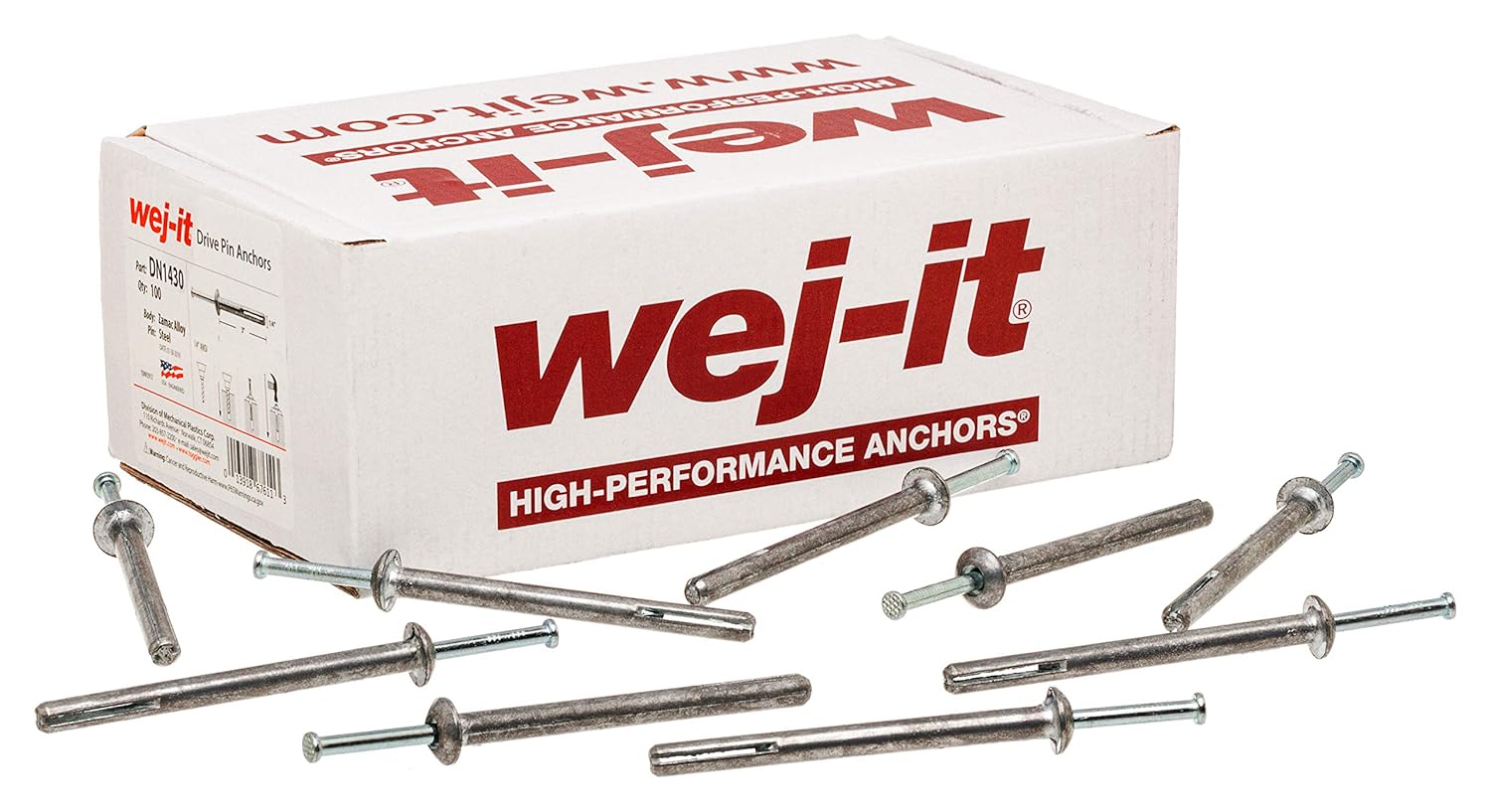 Wej-It Nail-It DN1410 Drive Anchor, Zamac Alloy, Zinc Plated Finish, Meets GSA FFS-325 Group V Type 2 Class 2 Specifications, 1/4" Diameter, 1" Length (Pack Of 100)
