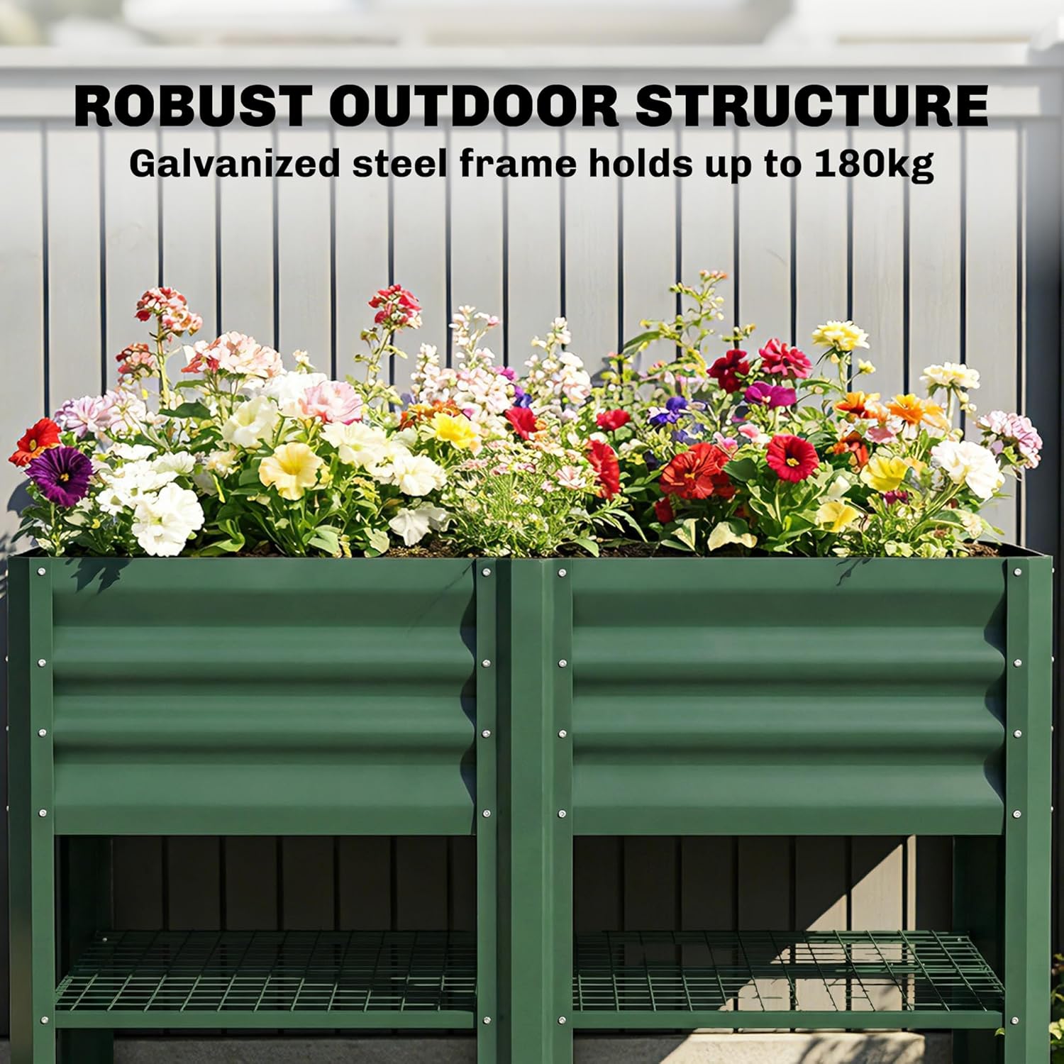 Outsunny Galvanized Steel Raised Garden Bed with Storage Shelf and Bed Liner, Elevated Planter Box with Legs for Flowers, Vegetables, and Herbs, for Outdoor Patio Yard, Glove Included, Green