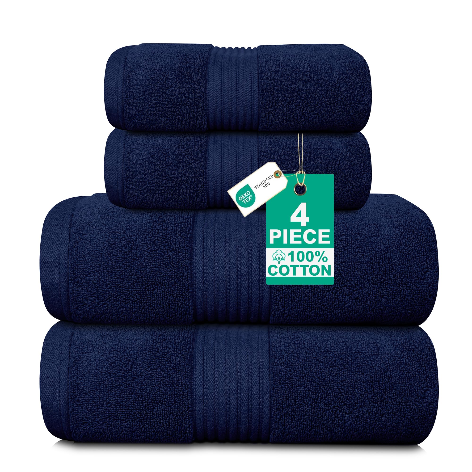Luxury 4 Piece Towel Bale Set - Includes 2 Bath Towels & 2 Hand Towels - Zero Twist 100% Pure Thick Cotton, Fluffy, Soft, Quick Dry & Highly Absorbent Hotel Quality Bathroom Towels 580 GSM | Navy
