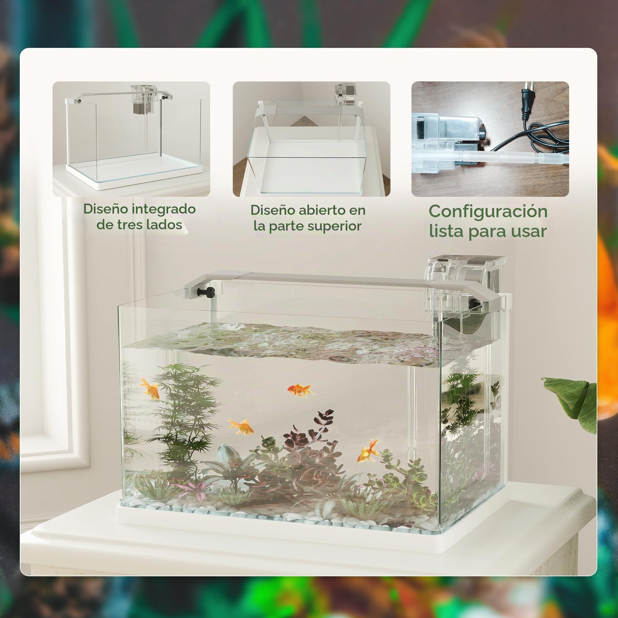 PawHut Acuario de Vidrio con LED, 20L, Bomba de Filtro, Blanco