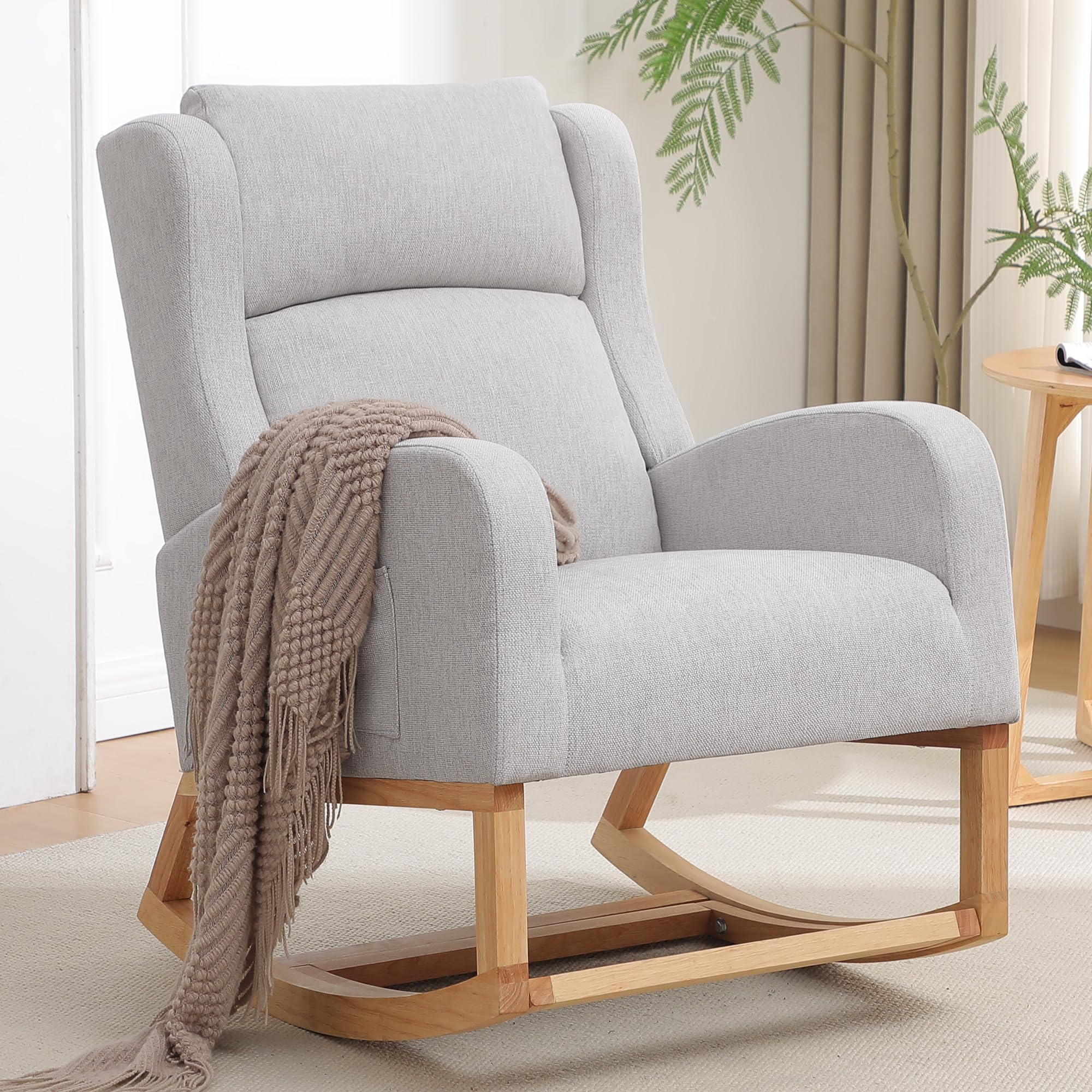 HCHAIRH Rocking Chair Nursery, Nursing Rocking Chairs for Mom Nursery, Comfy Wingback Glider Rocking Armchair with Foot Rest and Side Pocket for Nursery Living Room Bedroom, Light Grey