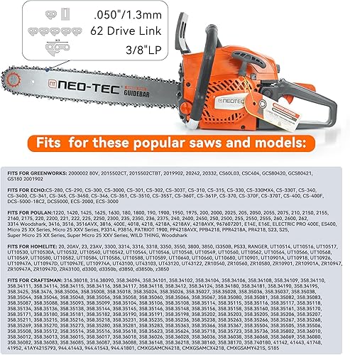 Miniatura 4 de NEO-TEC Paquete de 3 cadenas de motosierra de 18 pulgadas - Calibre S62-0.050", Paso 38"LP, 62 eslabones de transmisión aptos para motosierra