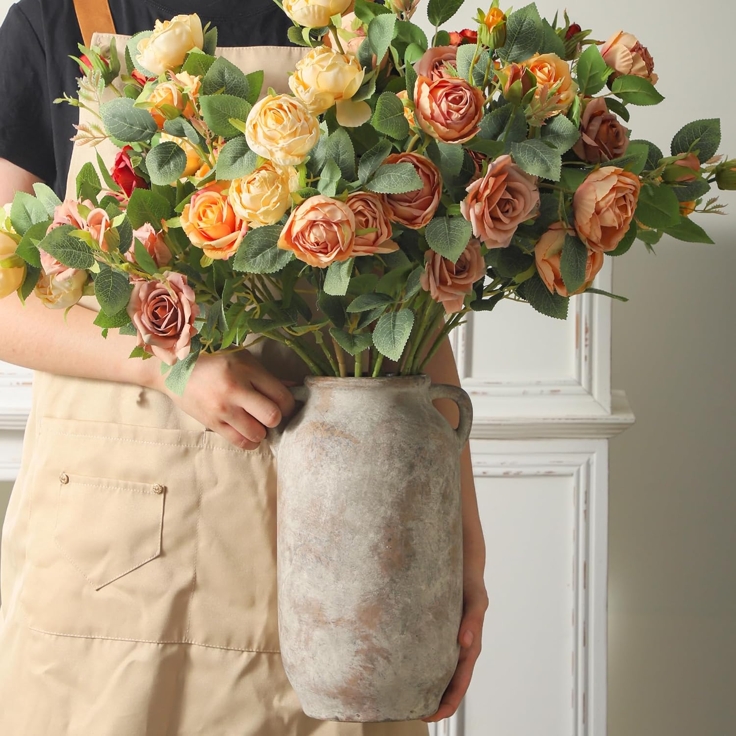 Large Flower Vase Home Decor - 12 inch Tall Ceramic Farmhouse Rustic Table Vases with Handle Living Room Decoration Decorative Modern Vintage for Floor Kitchen Shelf Coffee Dining Desk Fireplace - Image 5