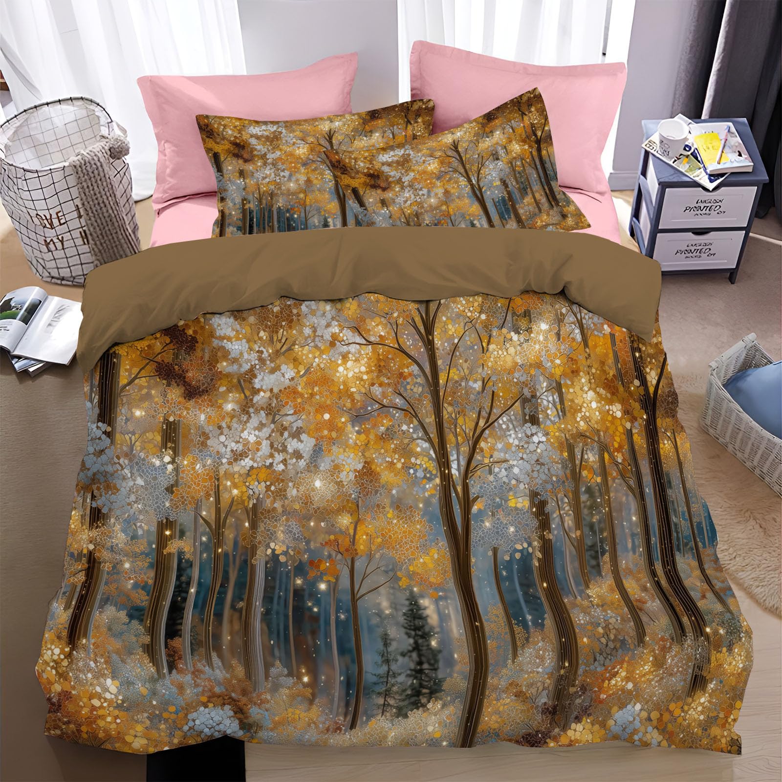 Parure de lit forêt d'automne housse de couette 200x200 motif feuille or