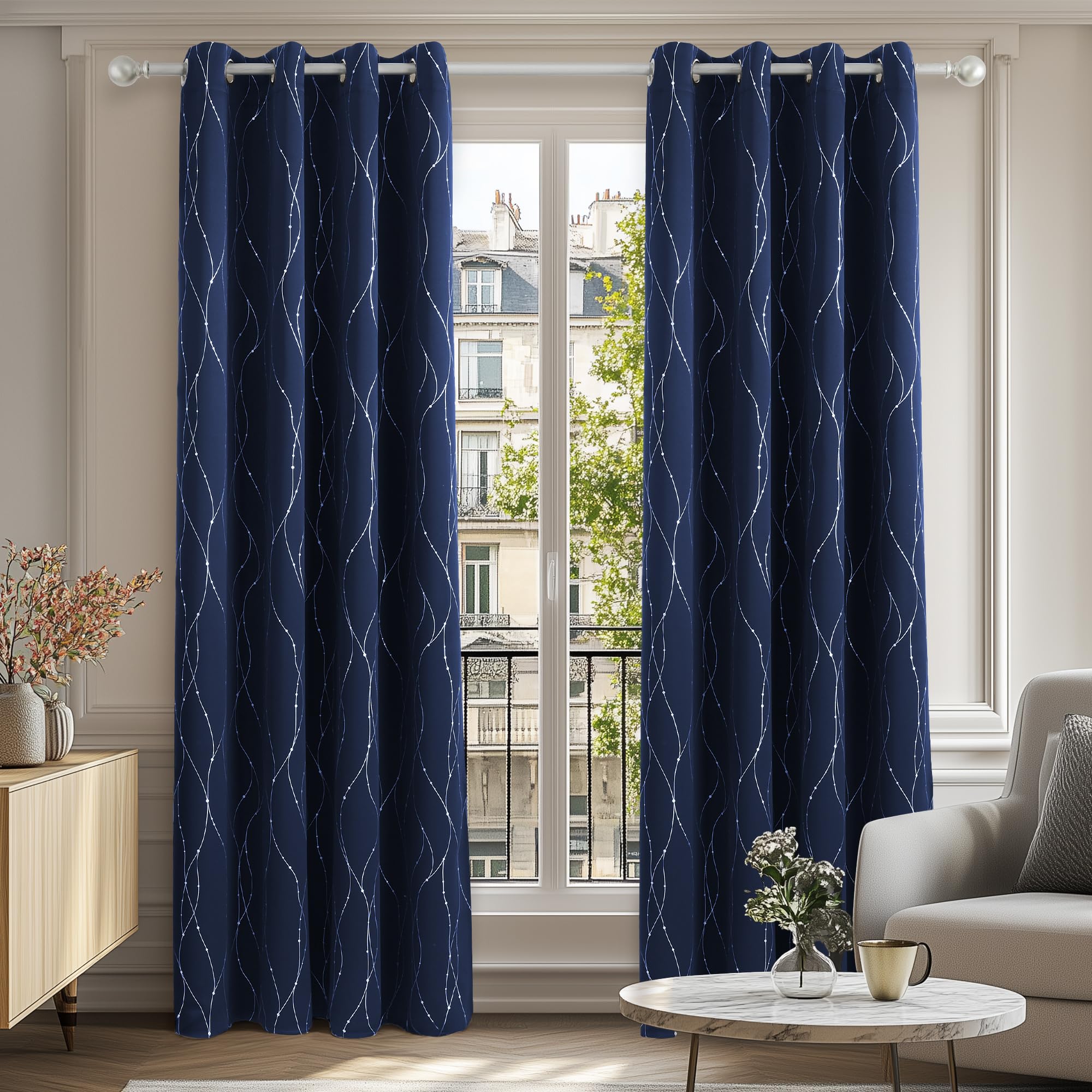 Deconovo Foil Printed Dot Line Blackout Curtains Thermal Insulated Energy Saving Eyelet Room Darkening Curtains for Bedroom 52 x 63 Inch Navy Blue 2 Panels