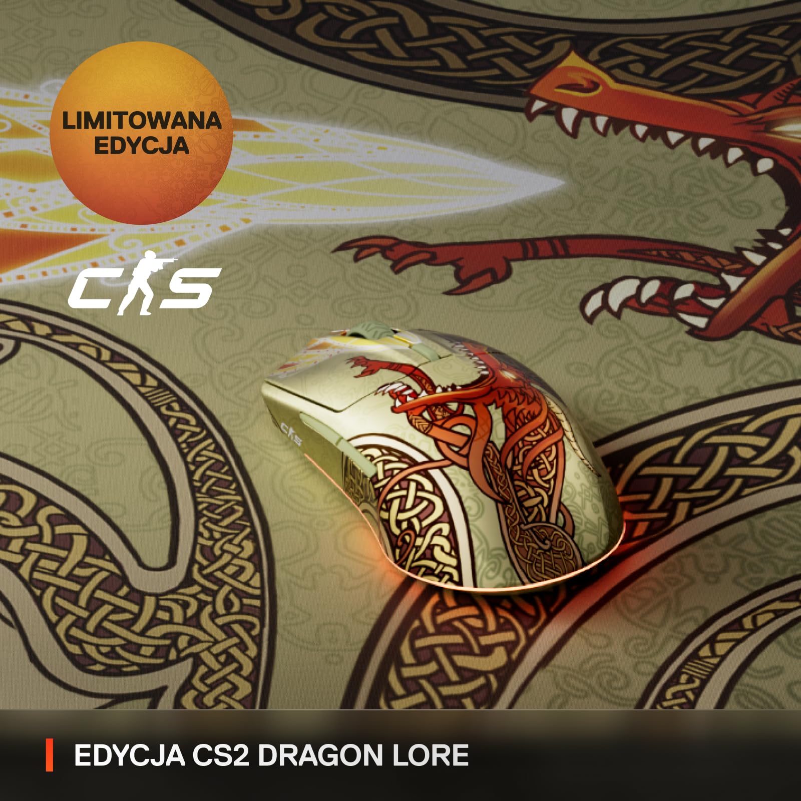 SteelSeries CS2 Dragon Lore – Bezprzewodowa mysz do gier – Counter-Strike – 2,4 GHz i Bluetooth – Czujnik optyczny 18 tys. DPI TrueMove Air – Bateria do 200 godz. — Wytrzymałość 80 mln kliknięć