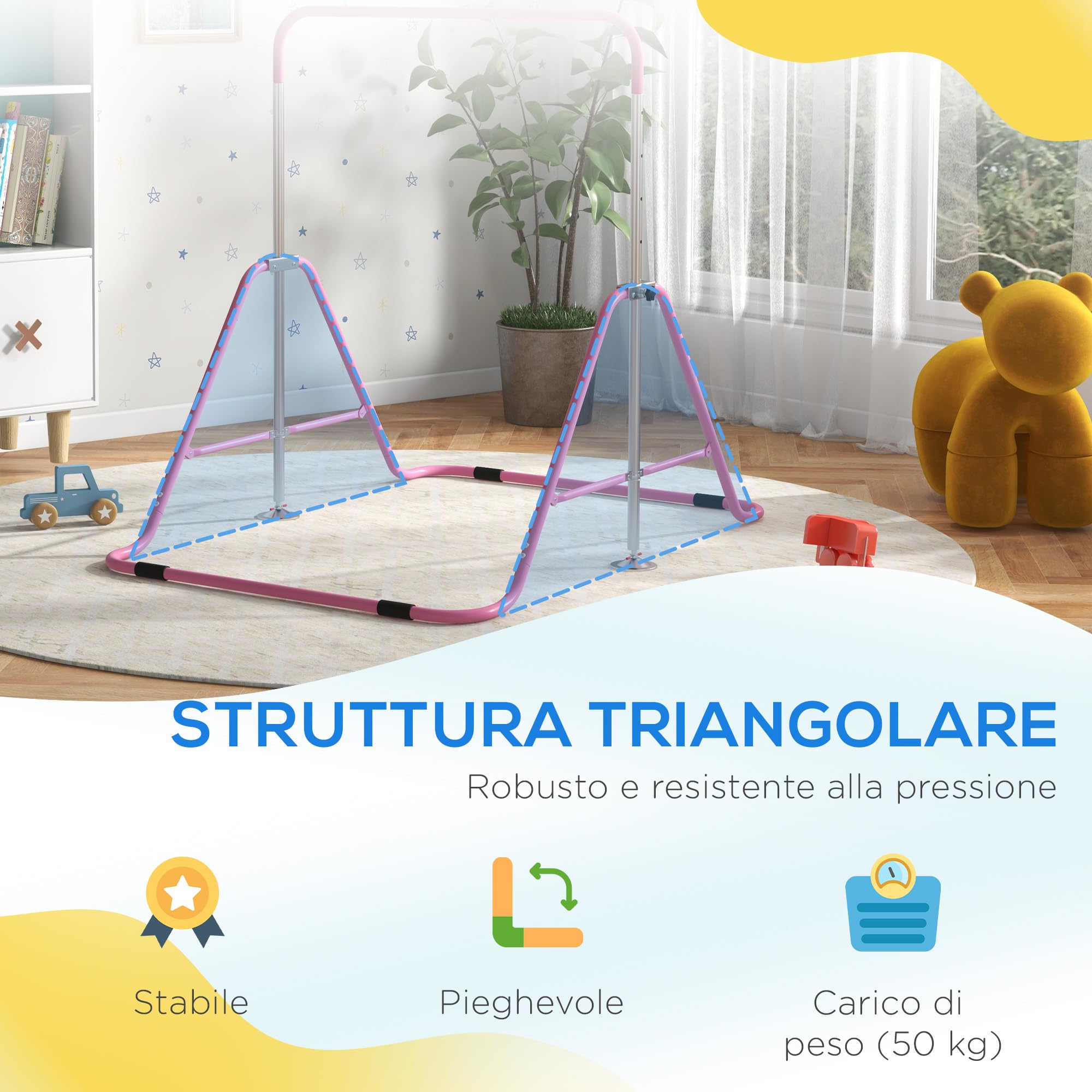 HOMCOM Sbarra per Trazioni Pieghevole per Bambini 3-8 Anni, Sbarra Ginnastica con Altezze Regolabili in 5 Posizioni e Struttura in Acciaio, 154x106.2x88.5-128.5cm, Rosa