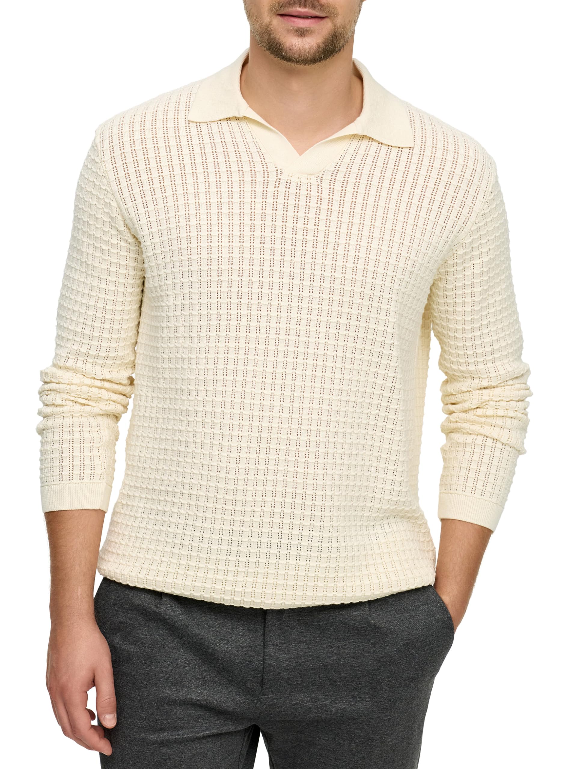 JEFF JFLane Polo Jersey de punto para hombre con cuello de polo de 100% algodón | Jersey de punto fino para hombres