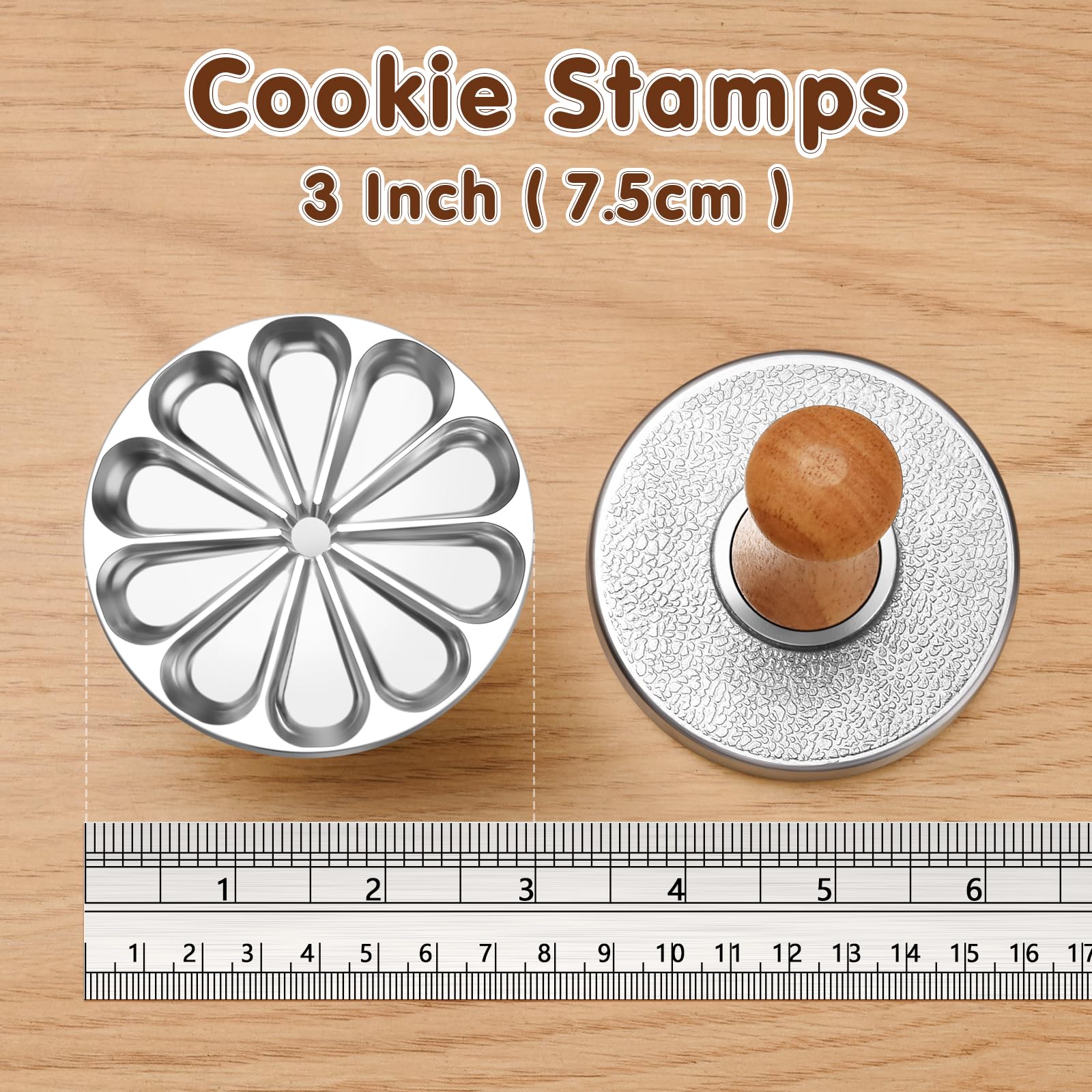 OPPEIN Juego de 3 sellos de galletas, molde de metal para prensa de galletas con mango de madera, suministros de decoración de galletas para hornear, pasteles, pasteles, paquete de regalo