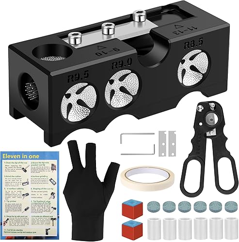 Kit de repuesto de 23 puntas de taco de billar, 11 en 1, 2 cubos de tiza, 6 casquillas, 6 puntas de taco, 2 cuchillas, 2 llaves, 1 tijera, 1 cinta,