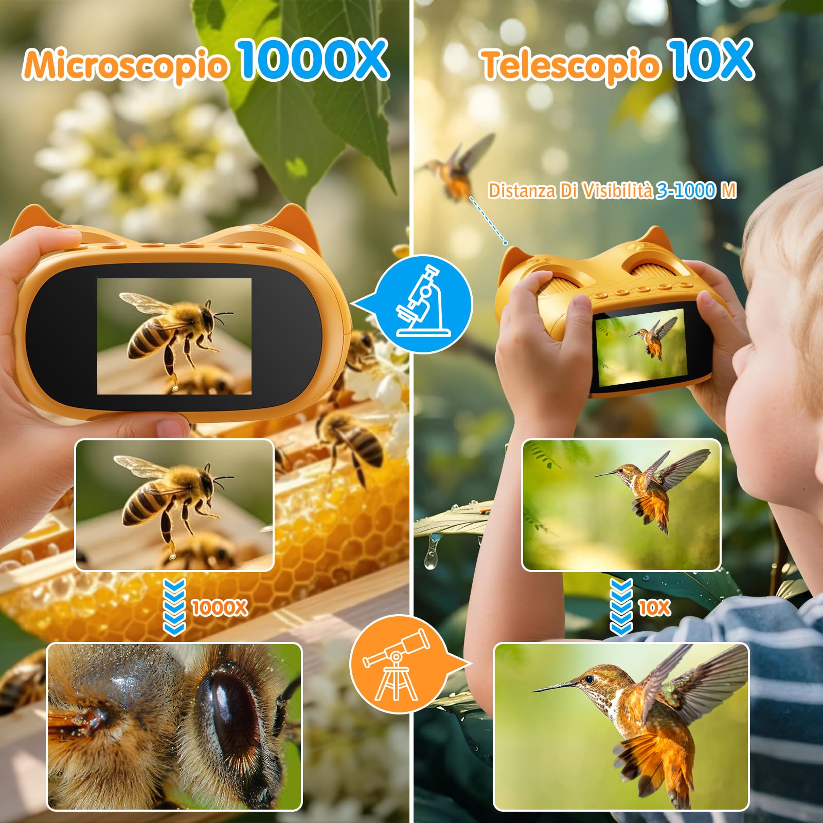2 in 1 Microscopio Bambini e Telescopio, Microscopio Digitale Bambini con Scheda 32GB, 1000X Microscopio Portatile con Schermo IPS da 2,0 Pollici e 8 Luci LED, Regalo per Bambini dai 3 Anni
