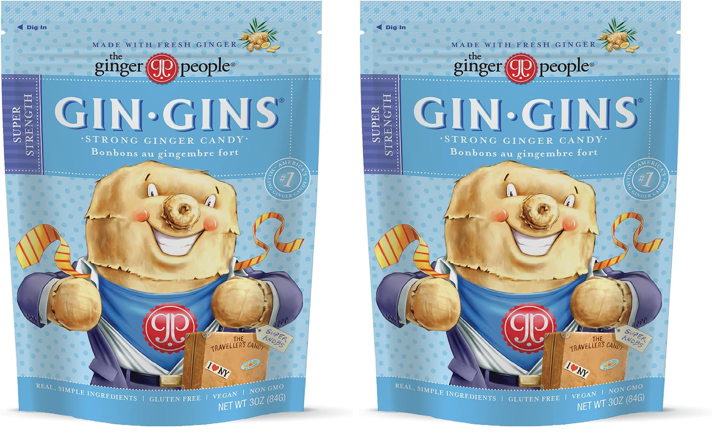 GIN GINS Super Strength Ginger Candy by The Ginger People – Individually Wrapped Healthy Candy – 3 oz Bag – Pack of 2