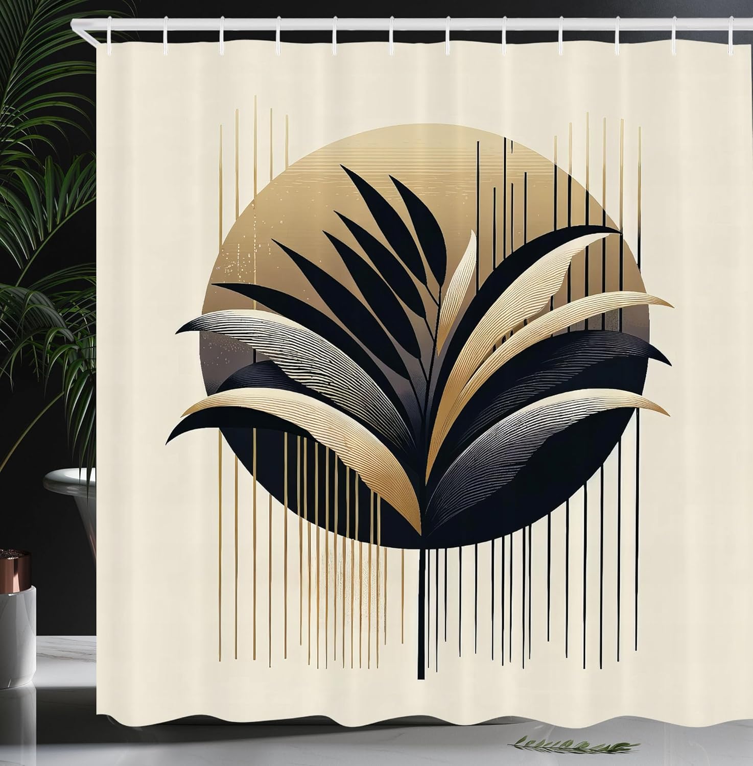 Ambesonne Aesthetic Shower Curtain, Minimal and Modern Botanical Design of Leafy Branches Stripes Circle, Cloth Fabric Bathroom Decor Set with Hooks, 69" W x 70" L, Ivory Camel Dark Blue 69" W x 70" L Ivory Camel Dark Blue