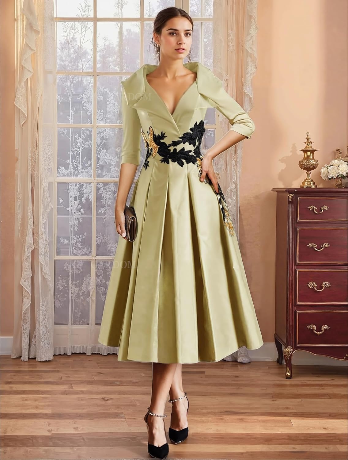 Long Sleeve Satin Mother of The Bride Dresses for Wedding Tea Length Formal Dress Lace Applique Prom Evening Gown - Image 4