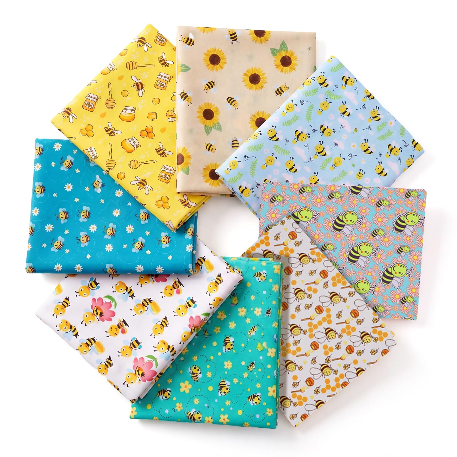 Tatuo 8 Pcs Bee Fabric Honey Bee Pattern Fabric Fat Quarters Theme Quilting Flower Printed Soft Craft Bundles for DIY Sewing Quilting Crafts 20 x 20 Inch