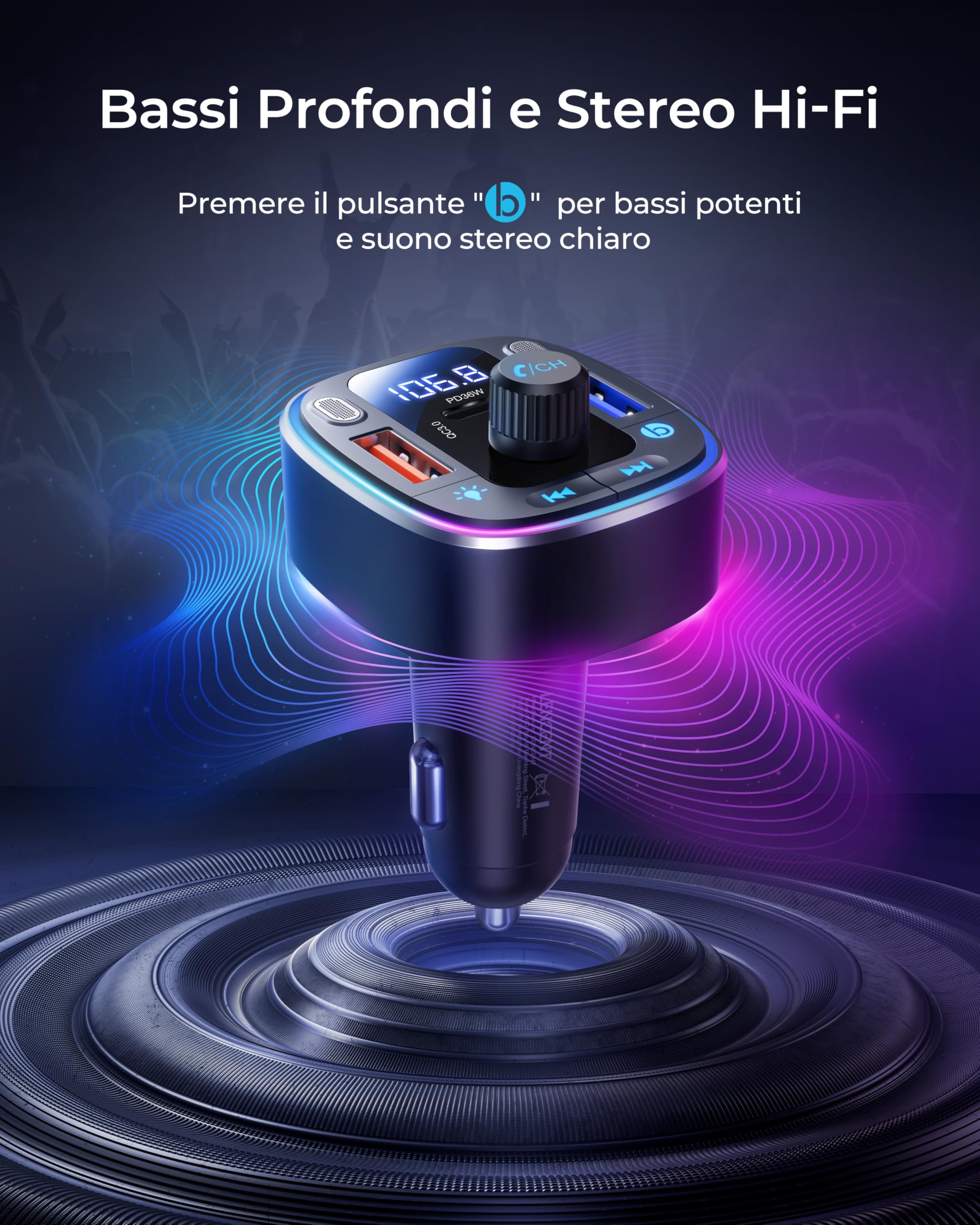 LENCENT Trasmettitore FM Bluetooth 5.4, Accendisigari Auto Radio, 54W USB Ricarica Rapida (PD 36W & QC3.0), Bluetooth FM Musica, Chiamate Vivavoce, Doppio Microfono e Chiavetta USB