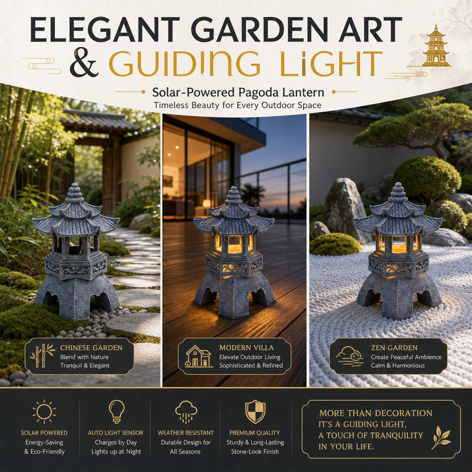 Decorazione da giardino giapponese, lanterna solare in pietra, pagoda, altezza 26 cm, statua zen da giardino per esterni, lampada in resina resistente alle intemperie, decorazione per laghetto, statue