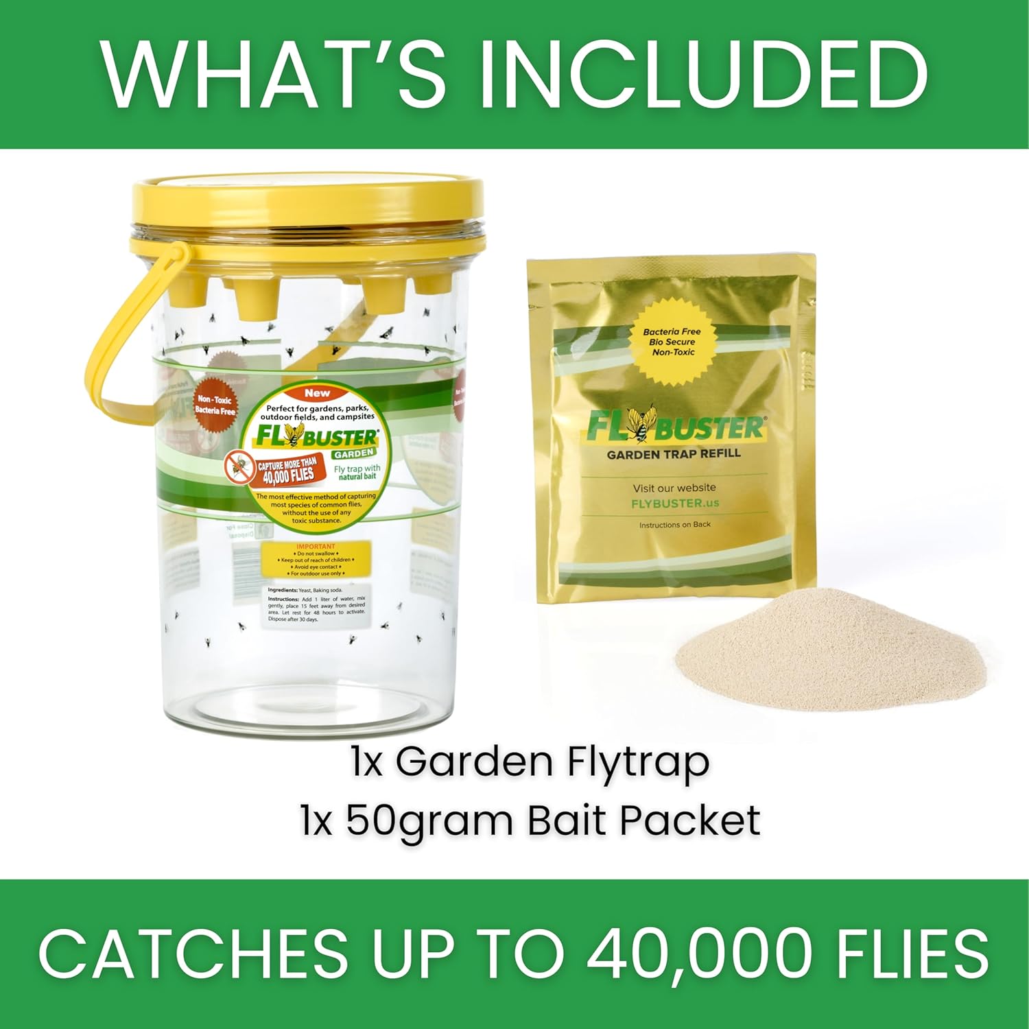 Fly Trap | Outdoor Device for Catching Flies | 2-Liter Garden Size | Comes with One Flytrap and 1 Bait Packet | 40,000 Fly Capacity | Non-Toxic | Child & Pet Safe